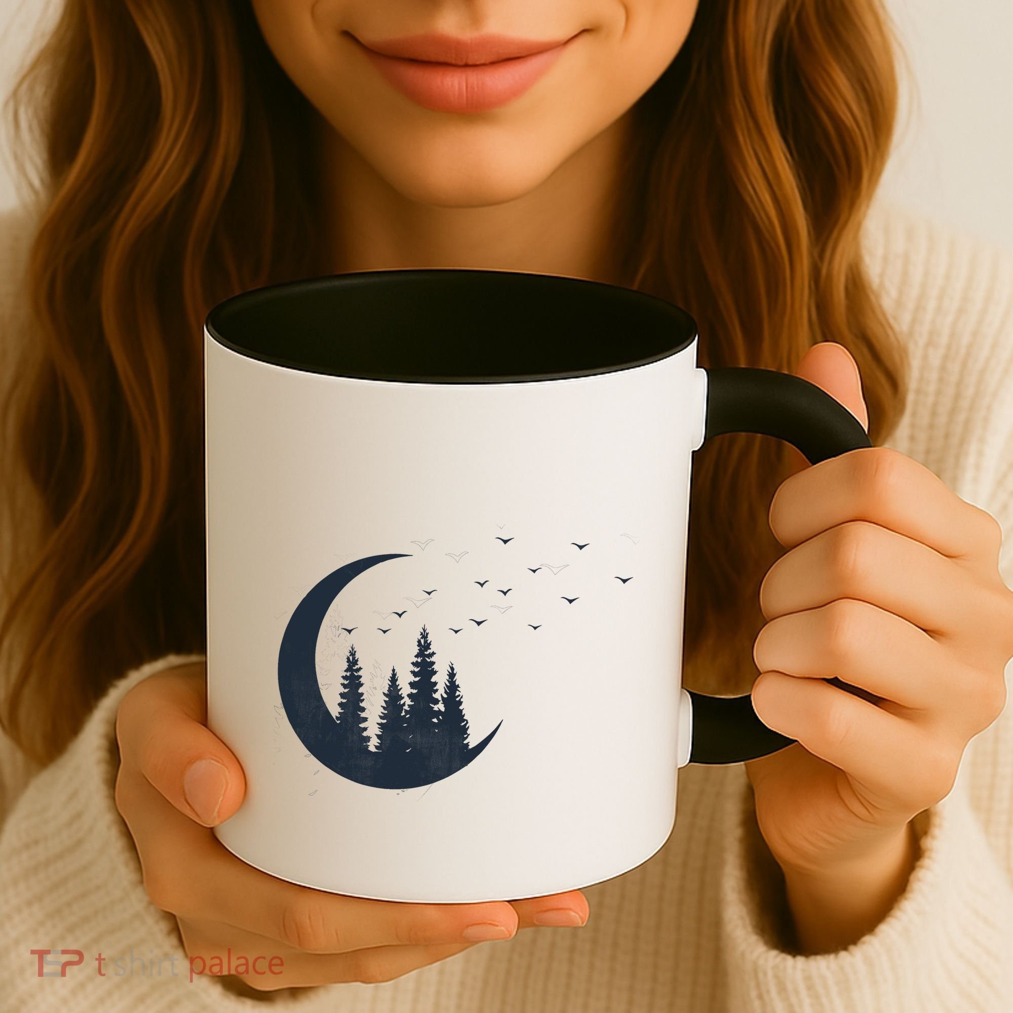 Crescent Moon Flocking Birds Coffee Mug