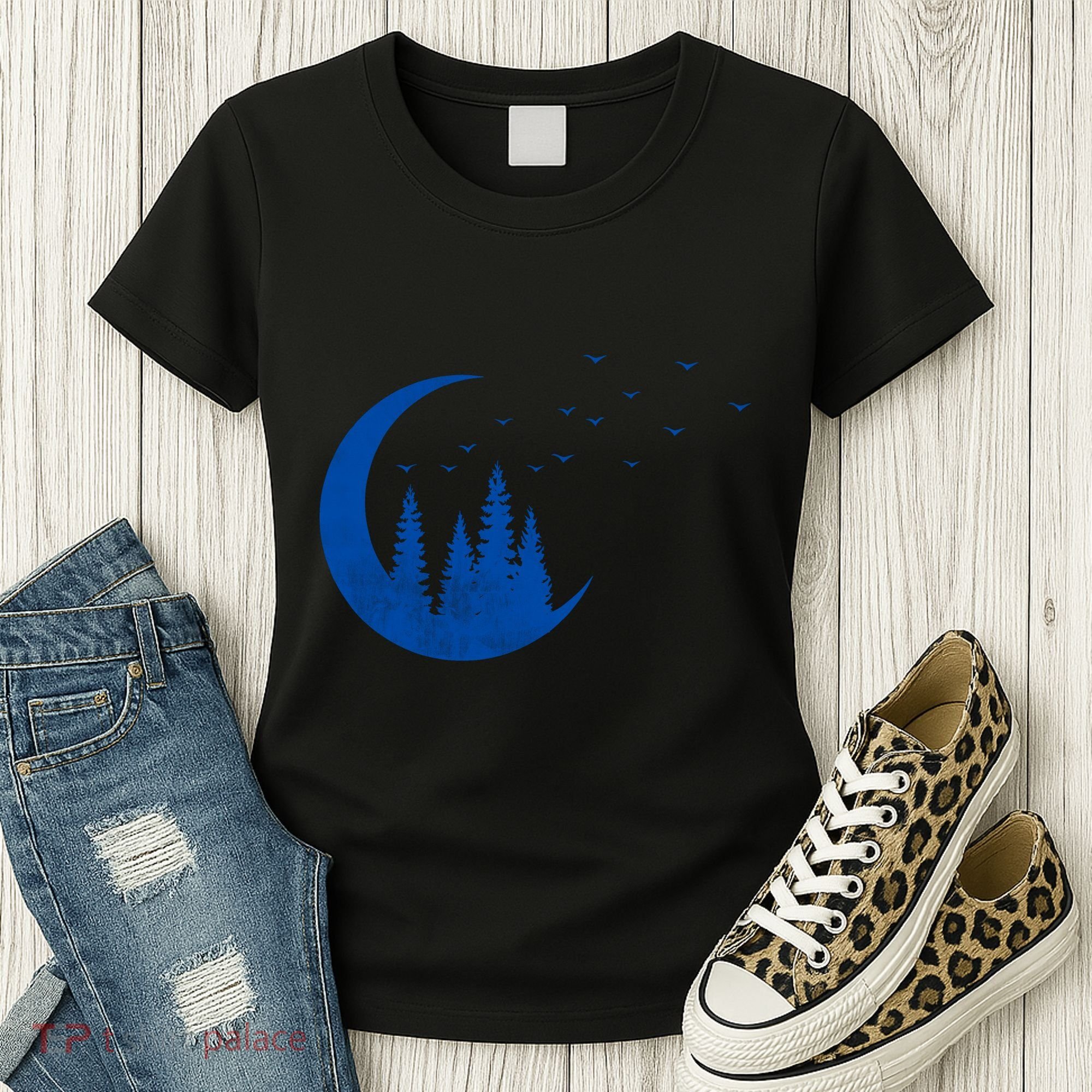 Crescent Moon Flocking Birds Women's T-Shirt
