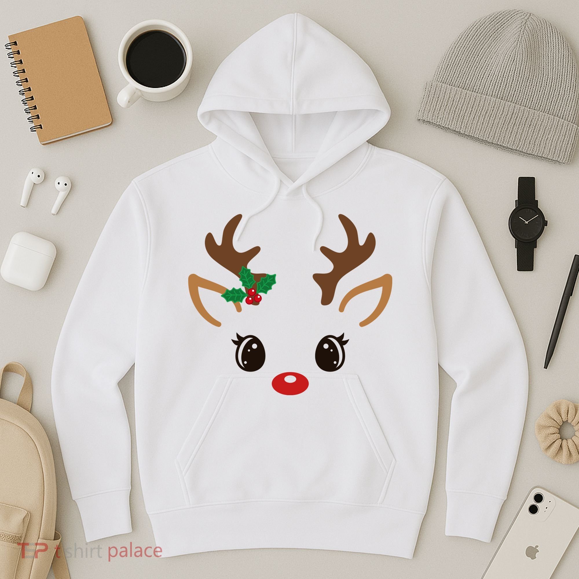 Cute Reindeer Face Christmas Hoodie