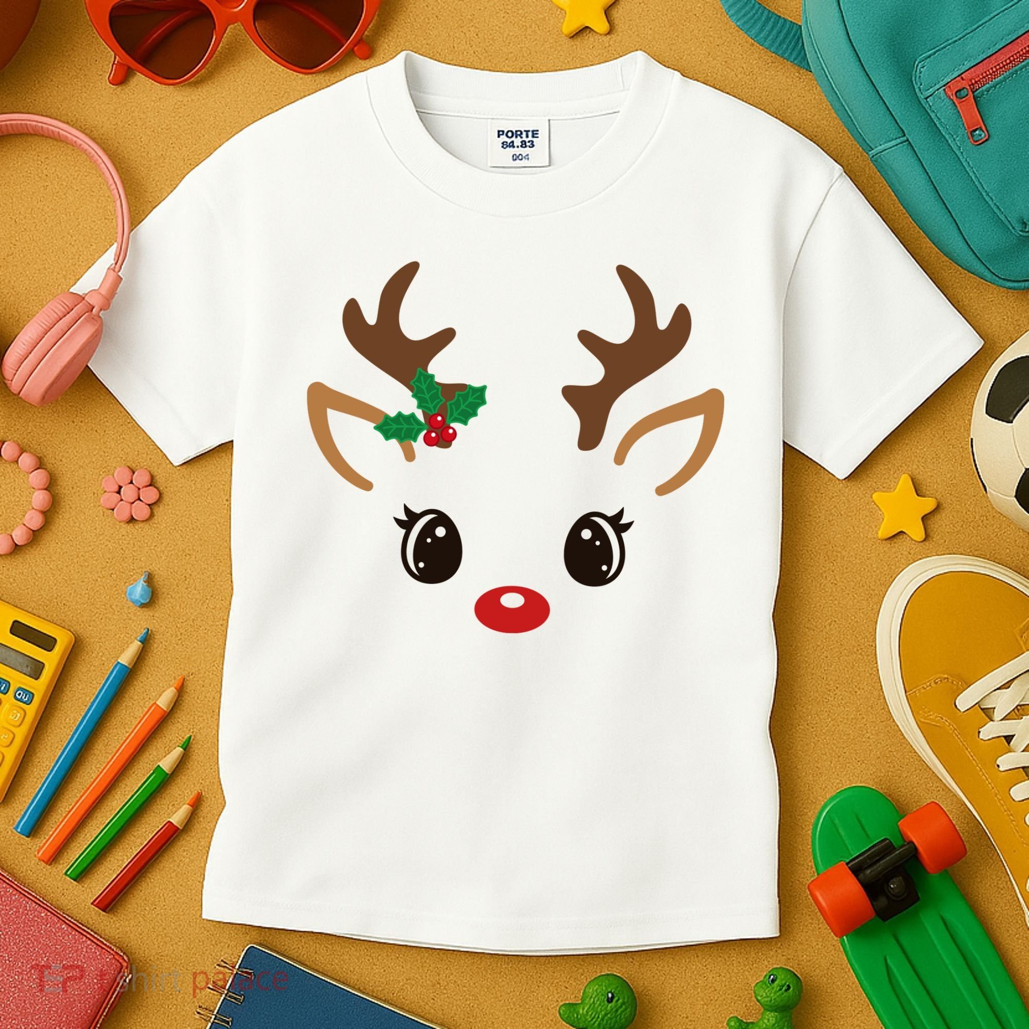 Cute Reindeer Face Christmas Kids T-Shirt