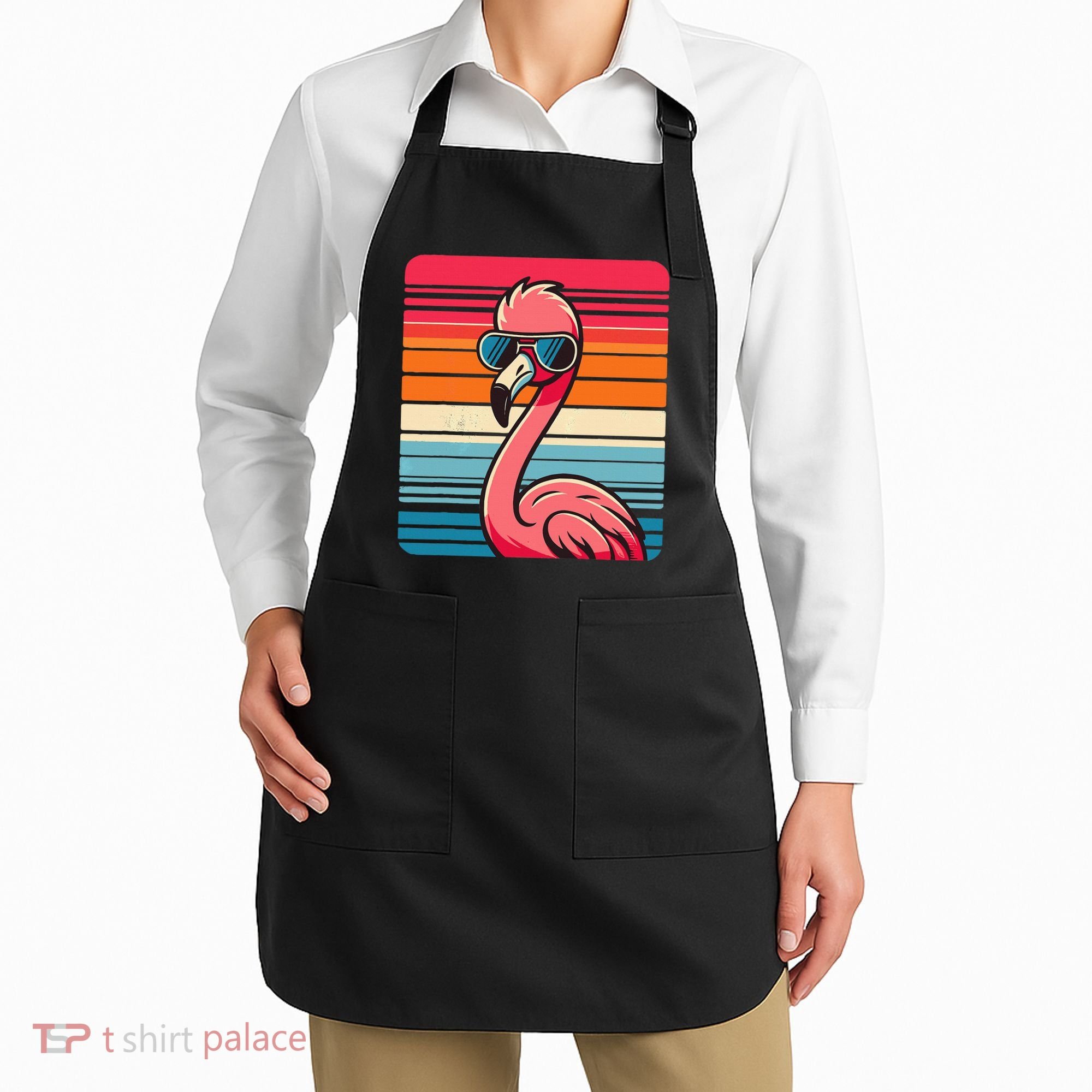 Cool Retro Flamingo In Sunglasses 70s 80s 90s Funny Flamingo Apron