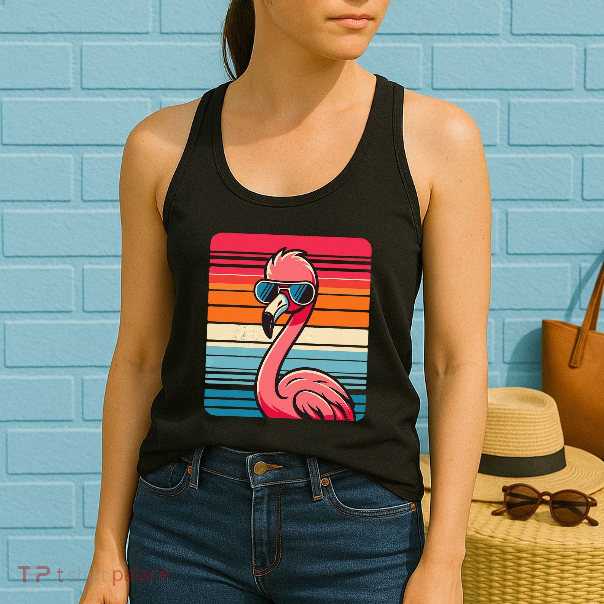 Cool Retro Flamingo In Sunglasses 70s 80s 90s Funny Flamingo Women's Tank Top