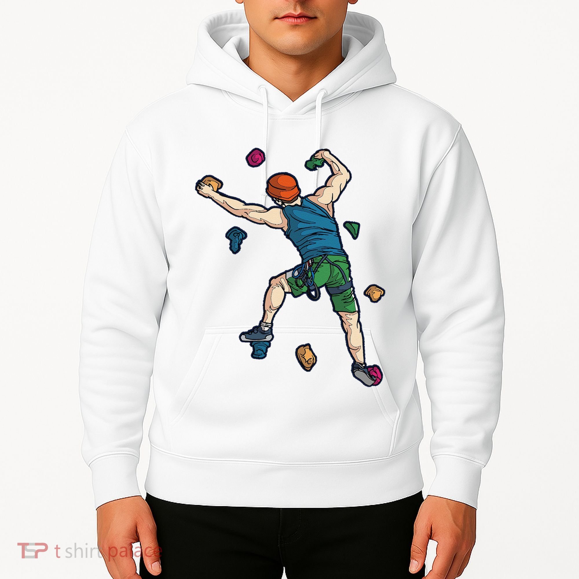 Climber Reaching For Holds Illustrated Rock Climbing Scene Hoodie