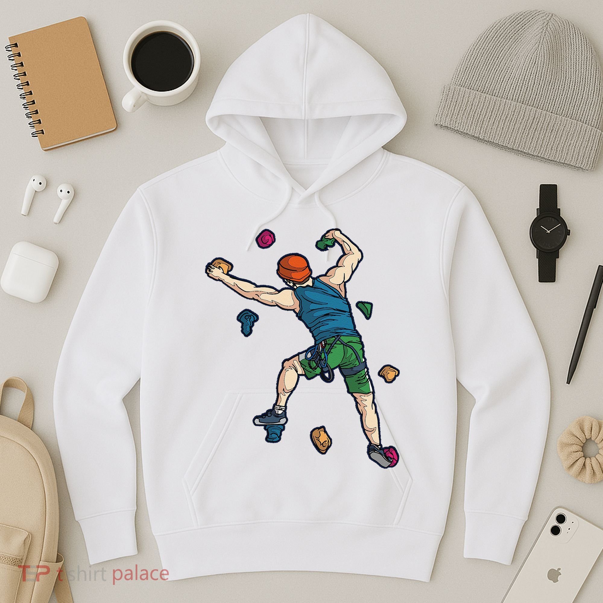Climber Reaching For Holds Illustrated Rock Climbing Scene Hoodie