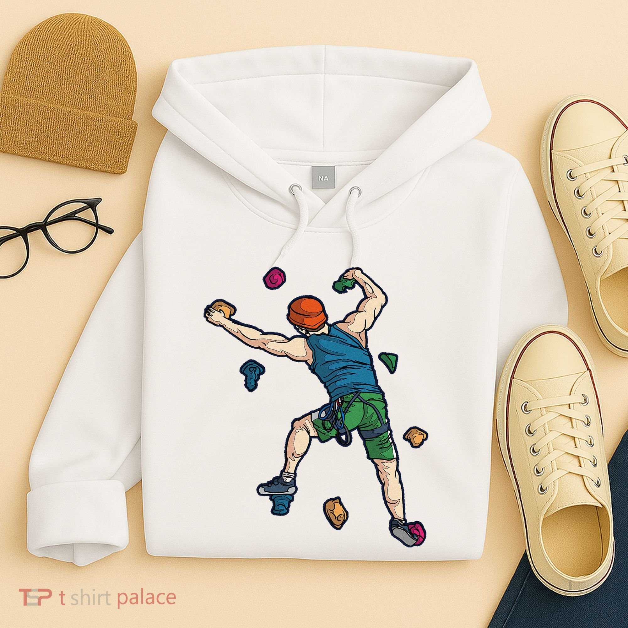 Climber Reaching For Holds Illustrated Rock Climbing Scene Hoodie