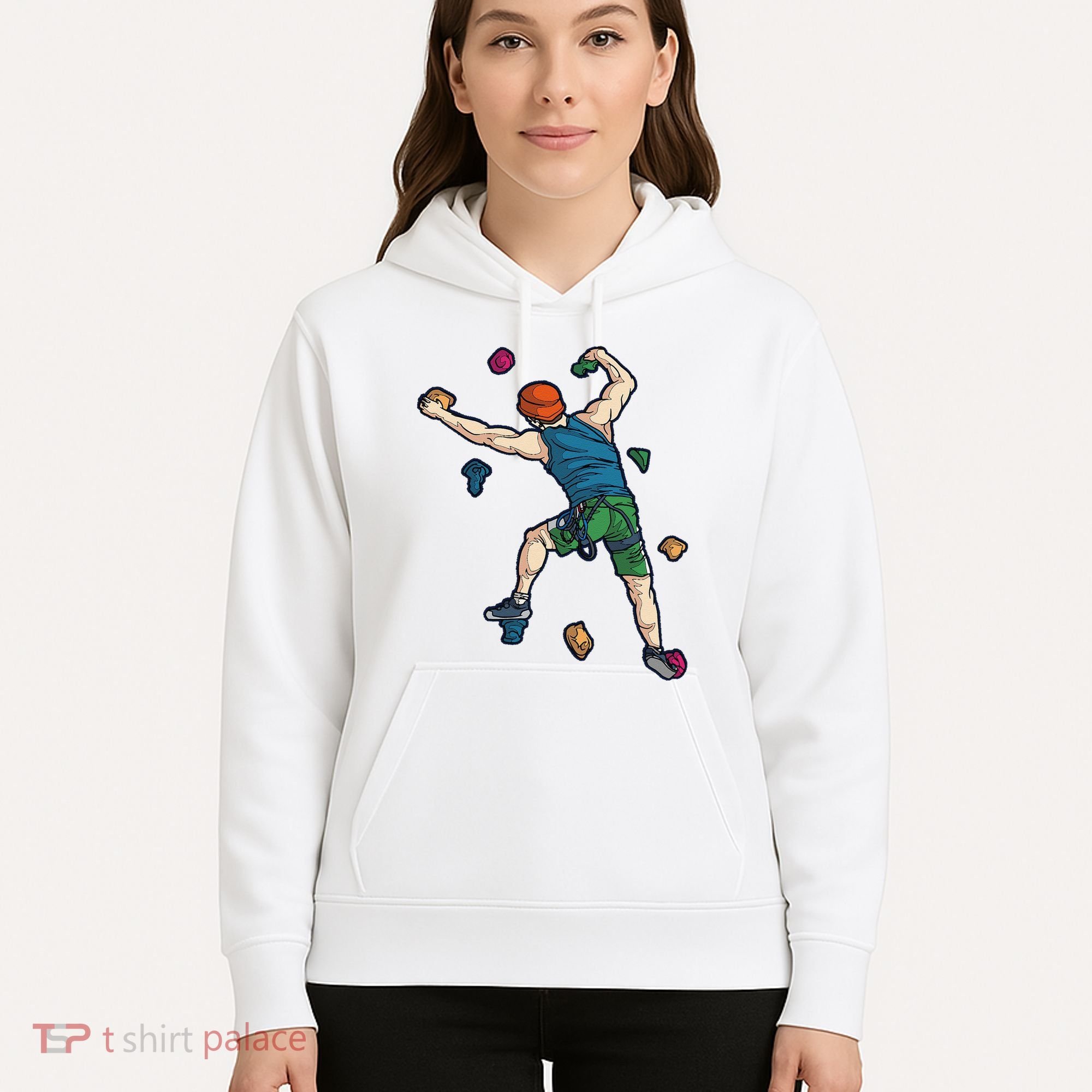 Climber Reaching For Holds Illustrated Rock Climbing Scene Hoodie