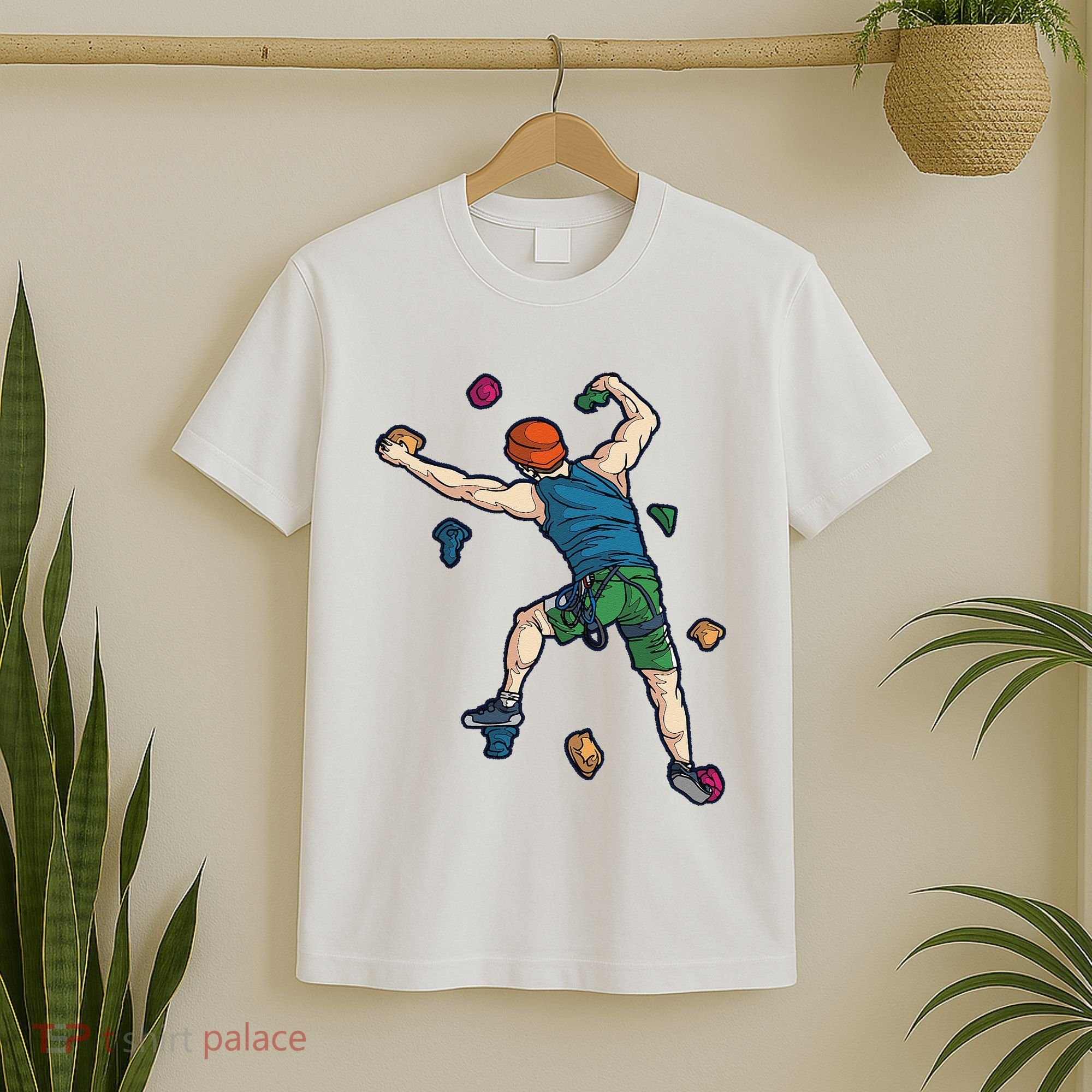 Climber Reaching For Holds Illustrated Rock Climbing Scene T-Shirt
