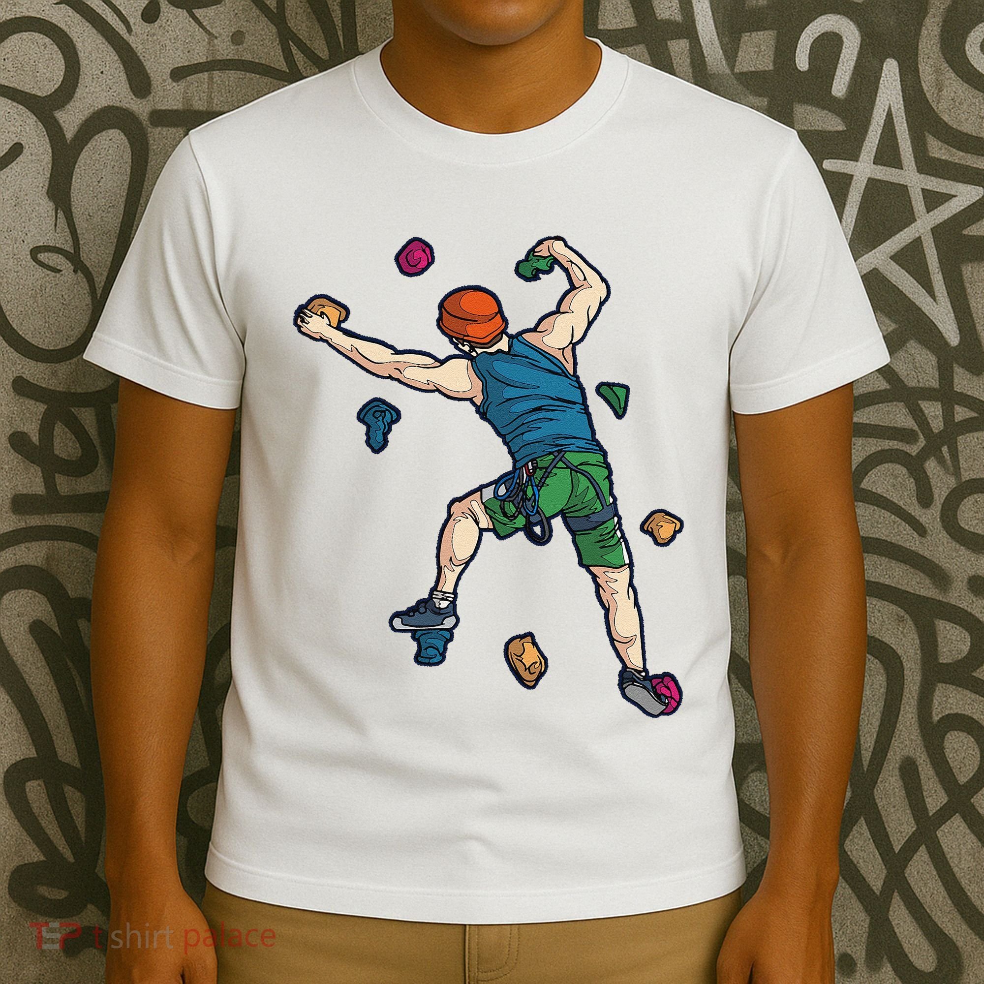 Climber Reaching For Holds Illustrated Rock Climbing Scene T-Shirt