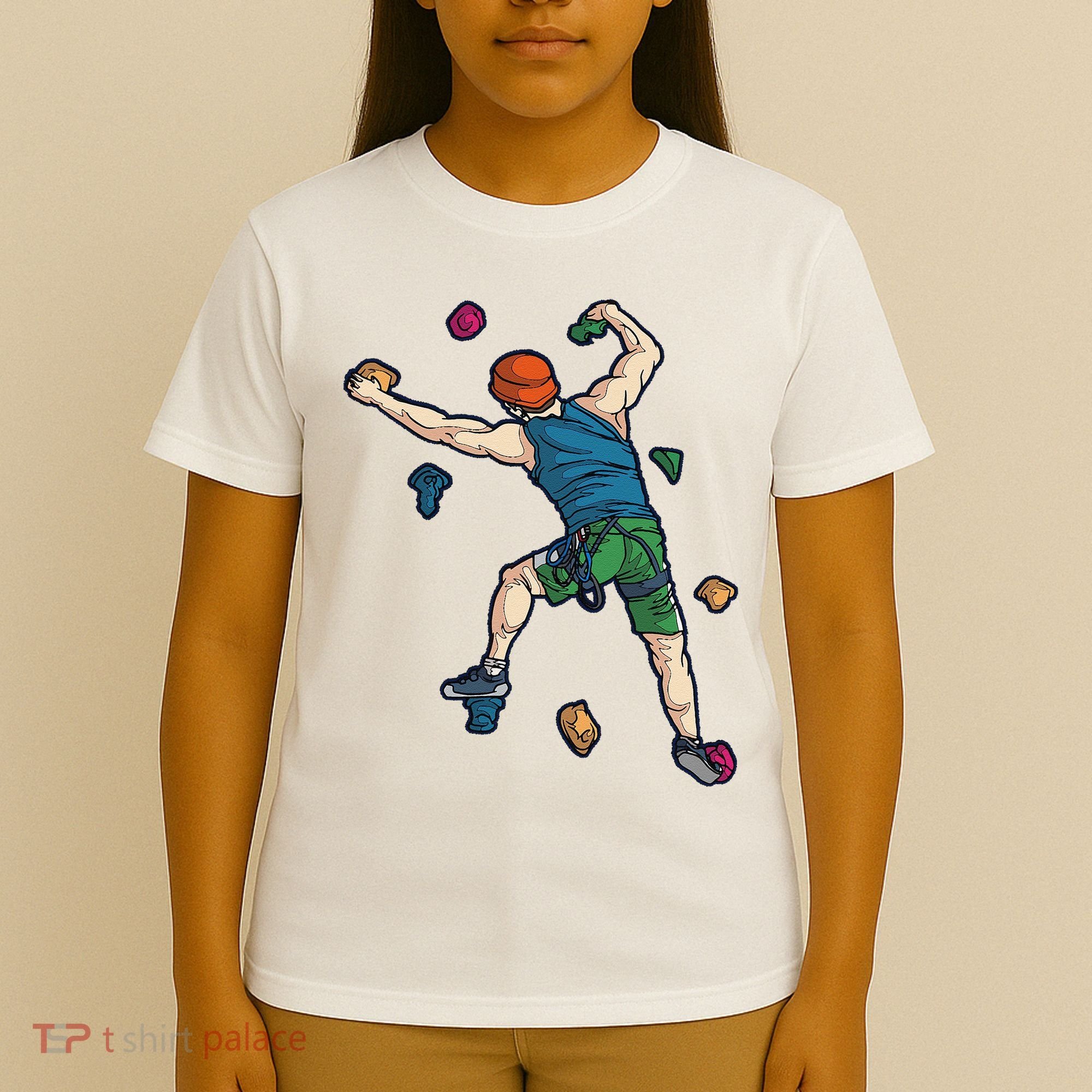 Climber Reaching For Holds Illustrated Rock Climbing Scene T-Shirt