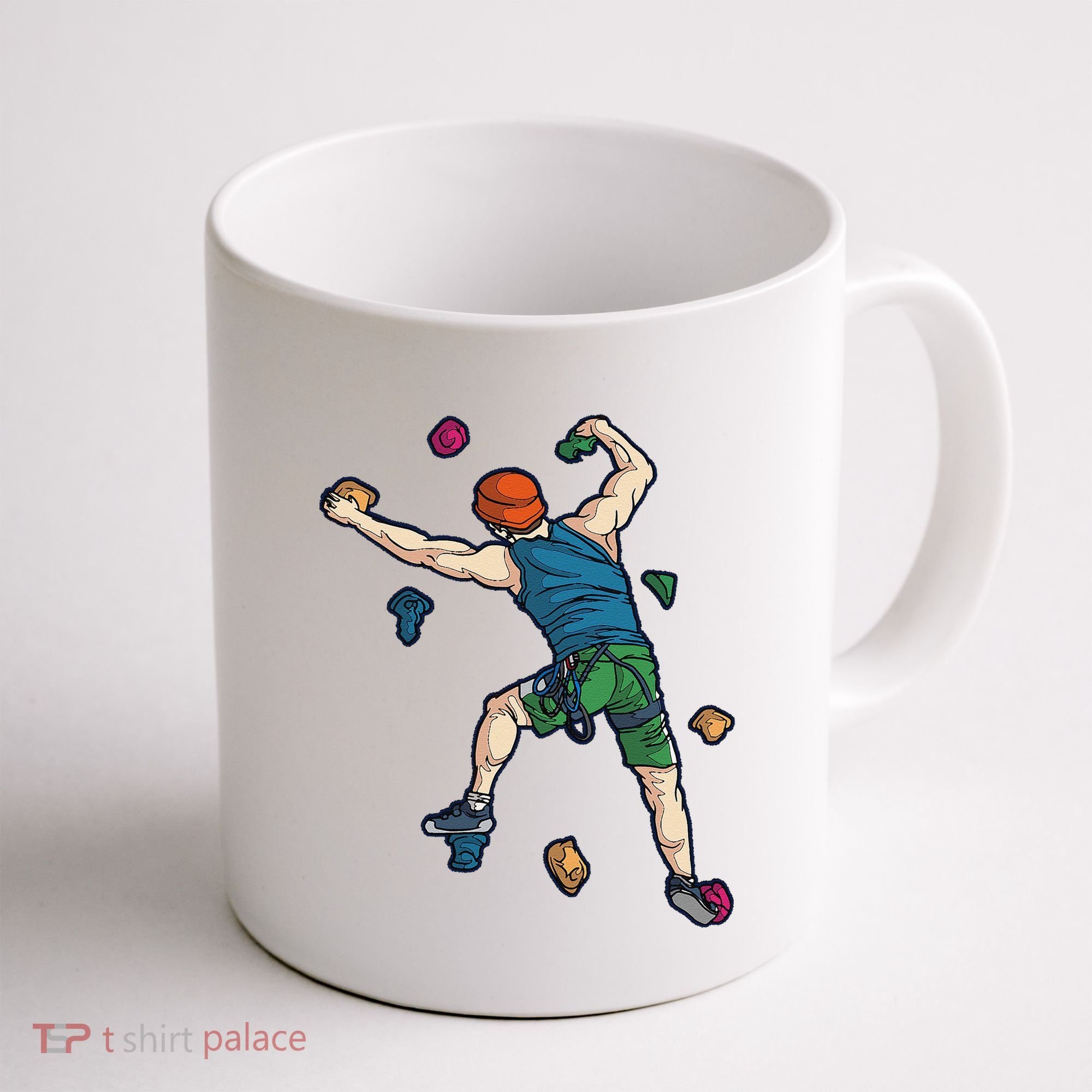 Climber Reaching For Holds Illustrated Rock Climbing Scene Coffee Mug