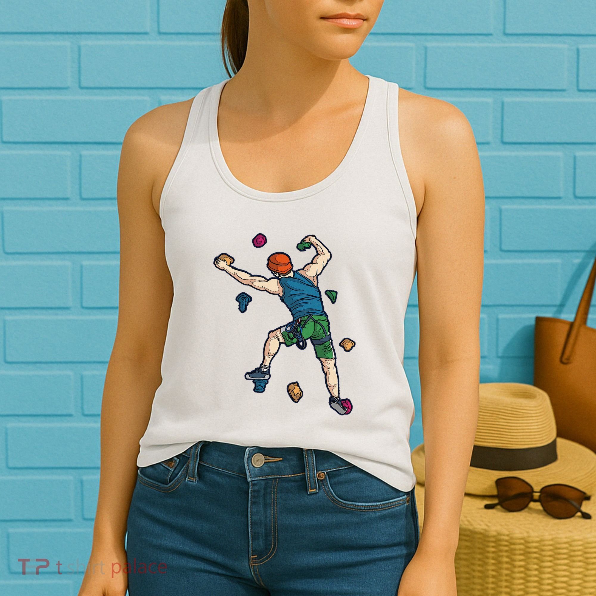 Climber Reaching For Holds Illustrated Rock Climbing Scene Women's Tank Top