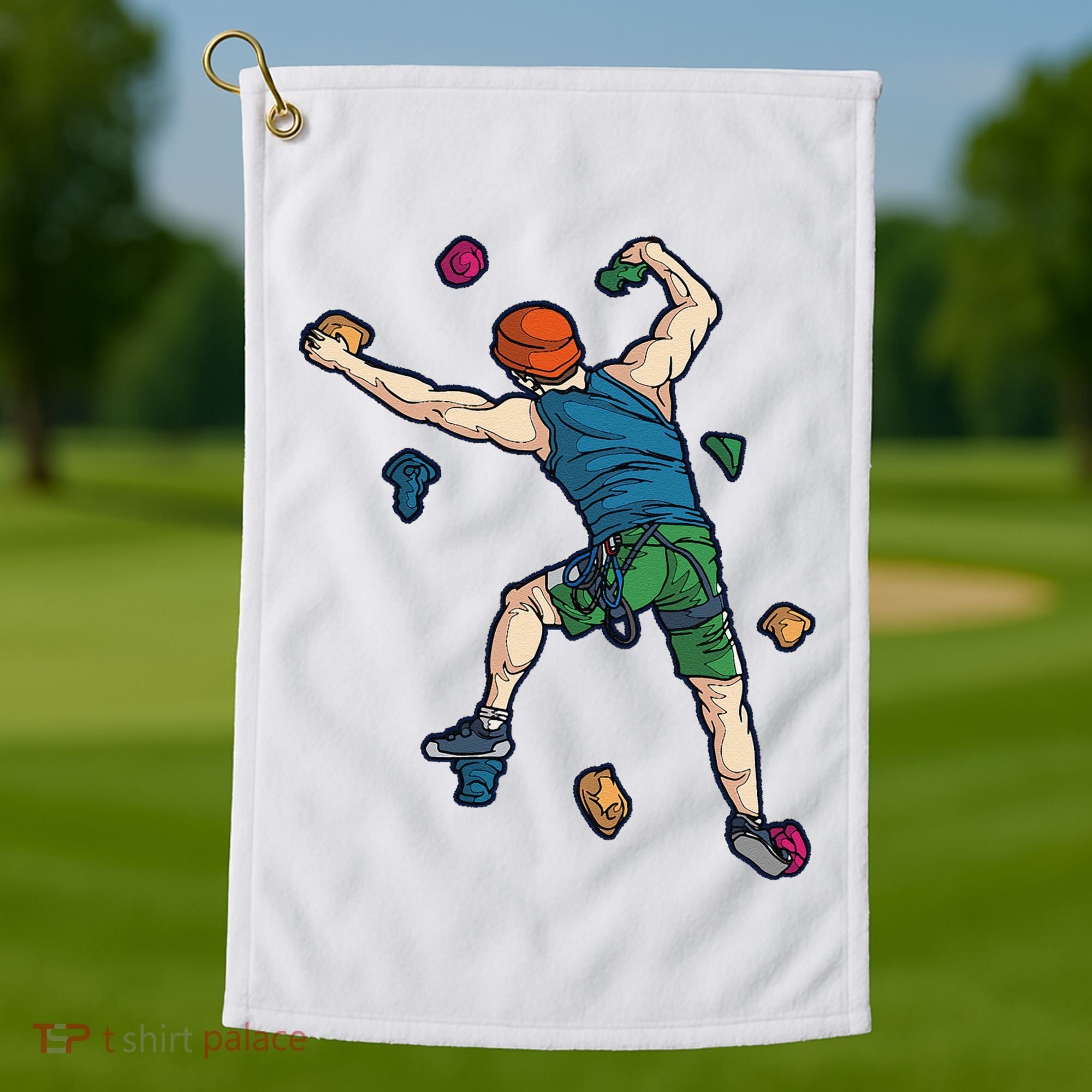 Climber Reaching For Holds Illustrated Rock Climbing Scene Golf Towel