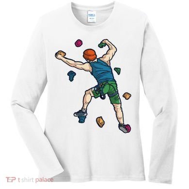 Climber Reaching For Holds Illustrated Rock Climbing Scene Women's Long Sleeve Shirt