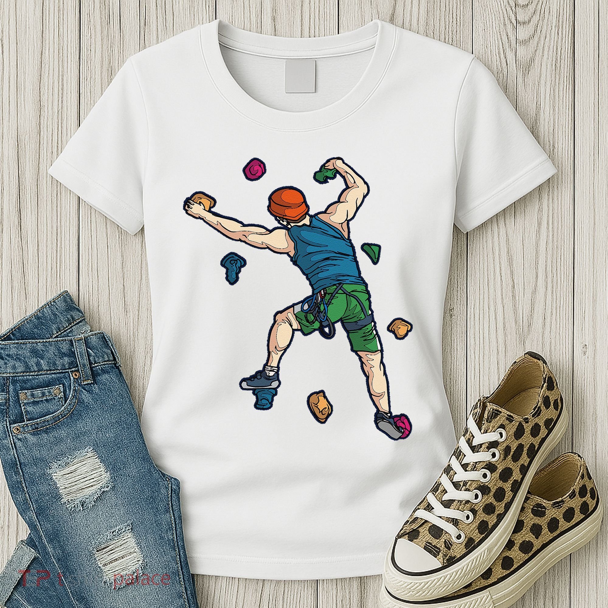 Climber Reaching For Holds Illustrated Rock Climbing Scene Women's T-Shirt