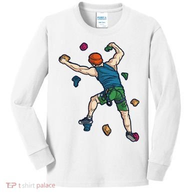 Climber Reaching For Holds Illustrated Rock Climbing Scene Kids Long Sleeve Shirt