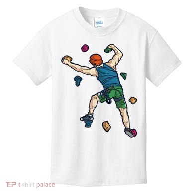 Climber Reaching For Holds Illustrated Rock Climbing Scene Kids T-Shirt