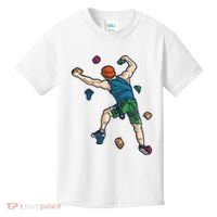 Climber Reaching For Holds Illustrated Rock Climbing Scene Kids T-Shirt thumb 0