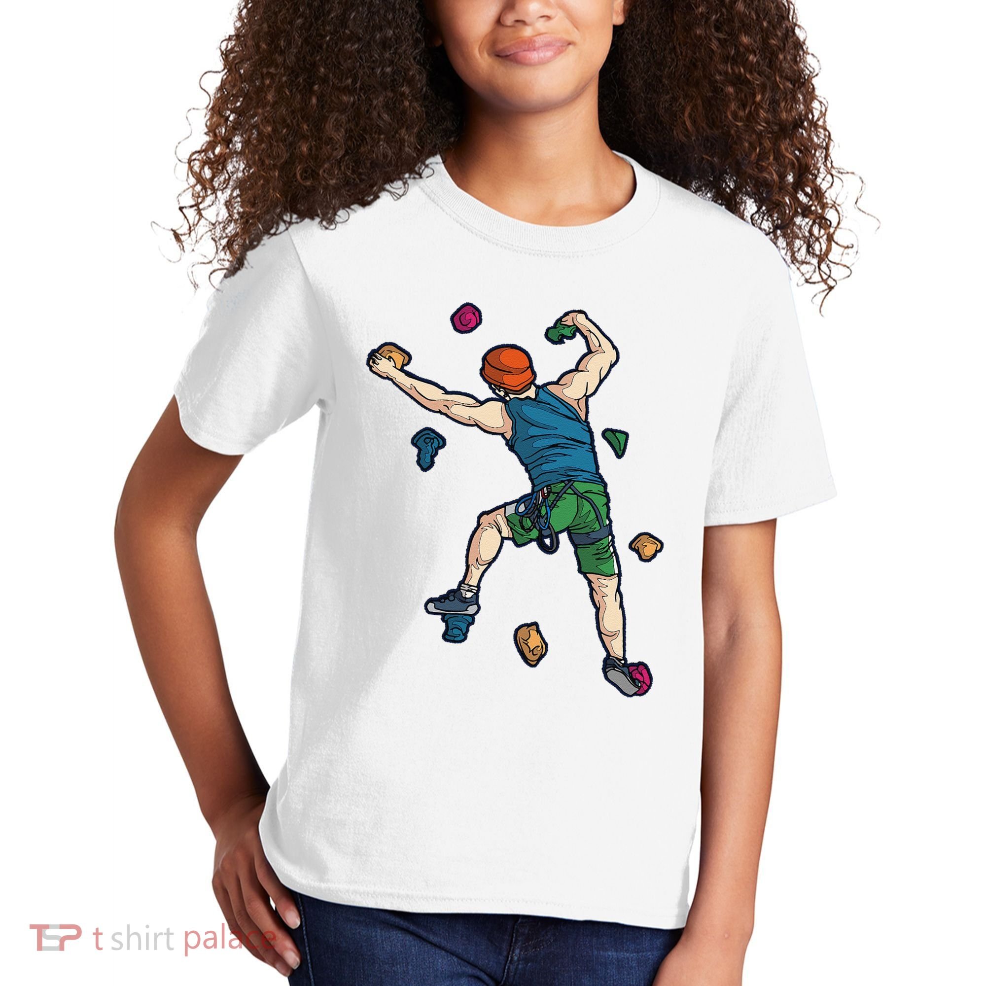 Climber Reaching For Holds Illustrated Rock Climbing Scene Kids T-Shirt