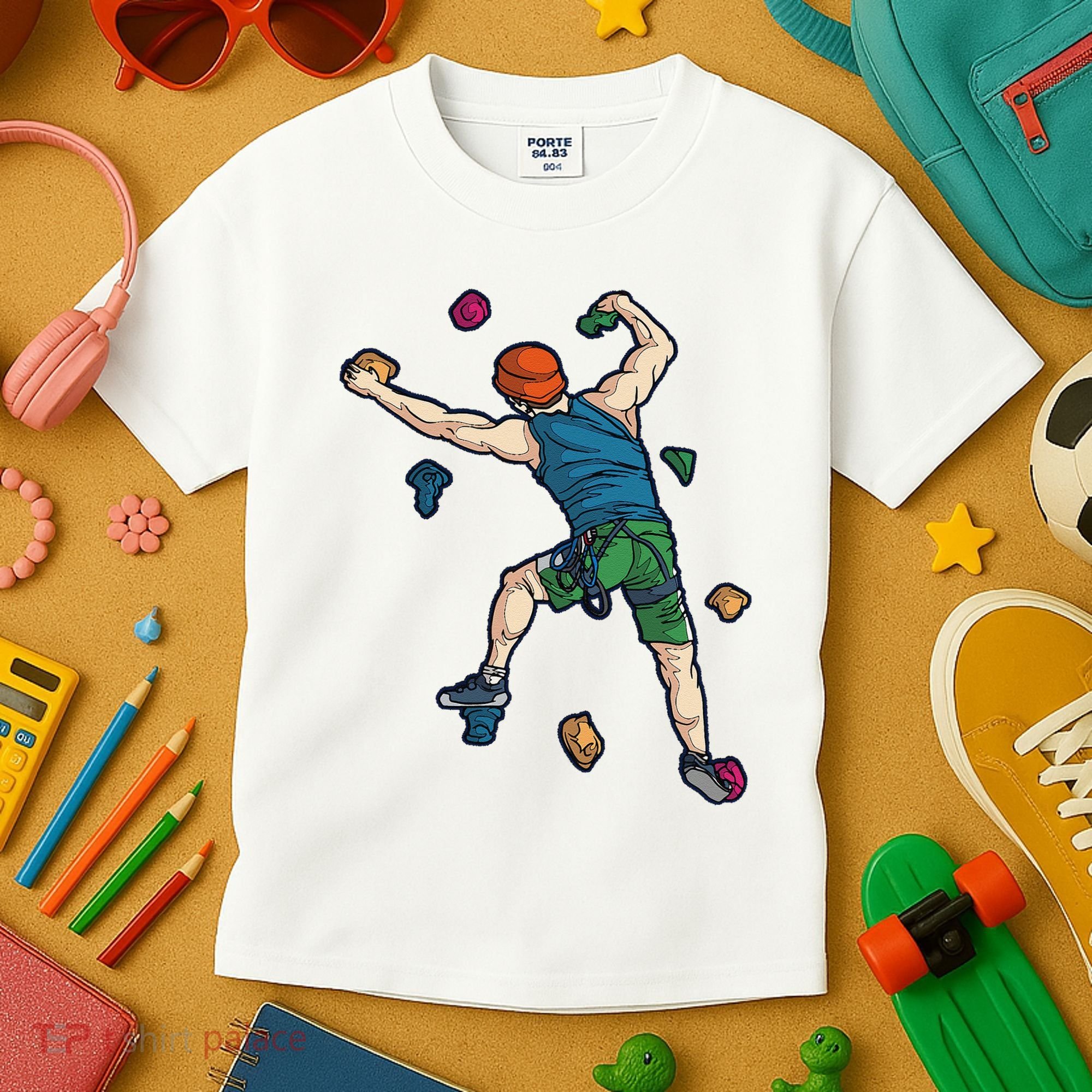 Climber Reaching For Holds Illustrated Rock Climbing Scene Kids T-Shirt