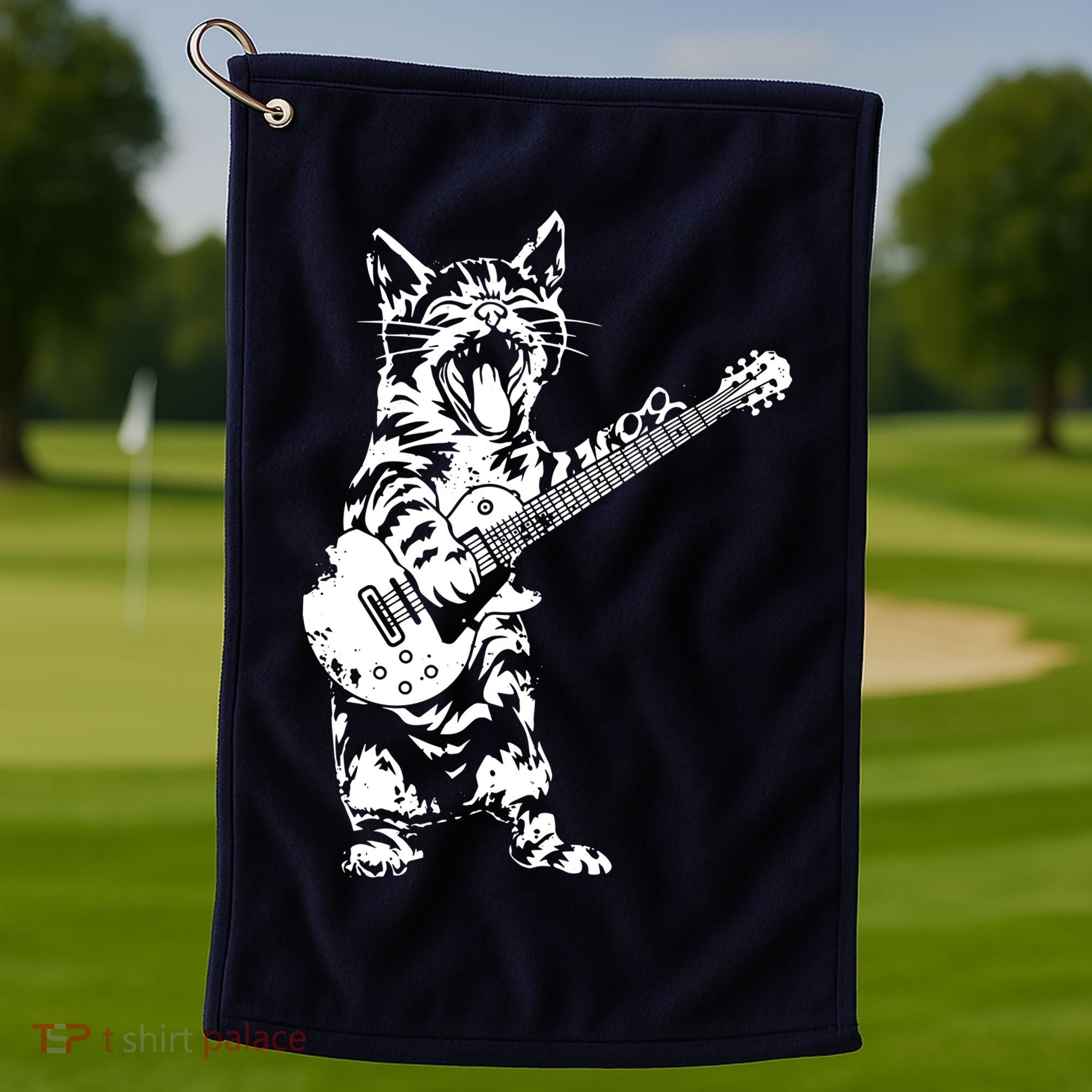 Cat Rocker Funny Kitty Plays Guitar Rockstar Cats Guitarist Golf Towel