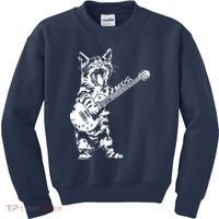 Cat Rocker Funny Kitty Plays Guitar Rockstar Cats Guitarist Kids Sweatshirt thumb 0