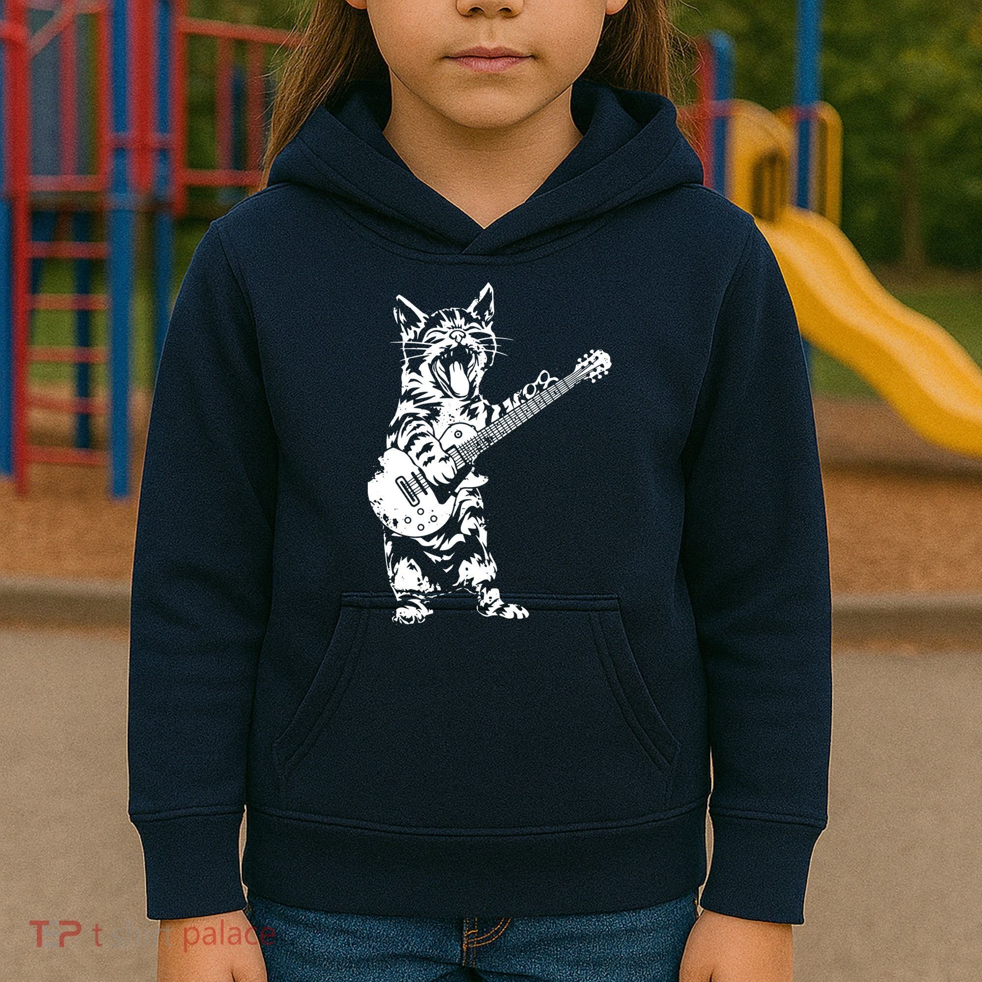 Cat Rocker Funny Kitty Plays Guitar Rockstar Cats Guitarist Kids Hoodie
