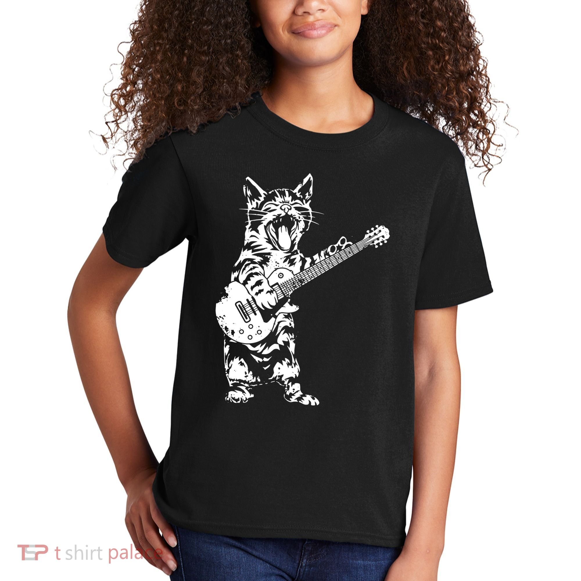 Cat Rocker Funny Kitty Plays Guitar Rockstar Cats Guitarist Kids T-Shirt