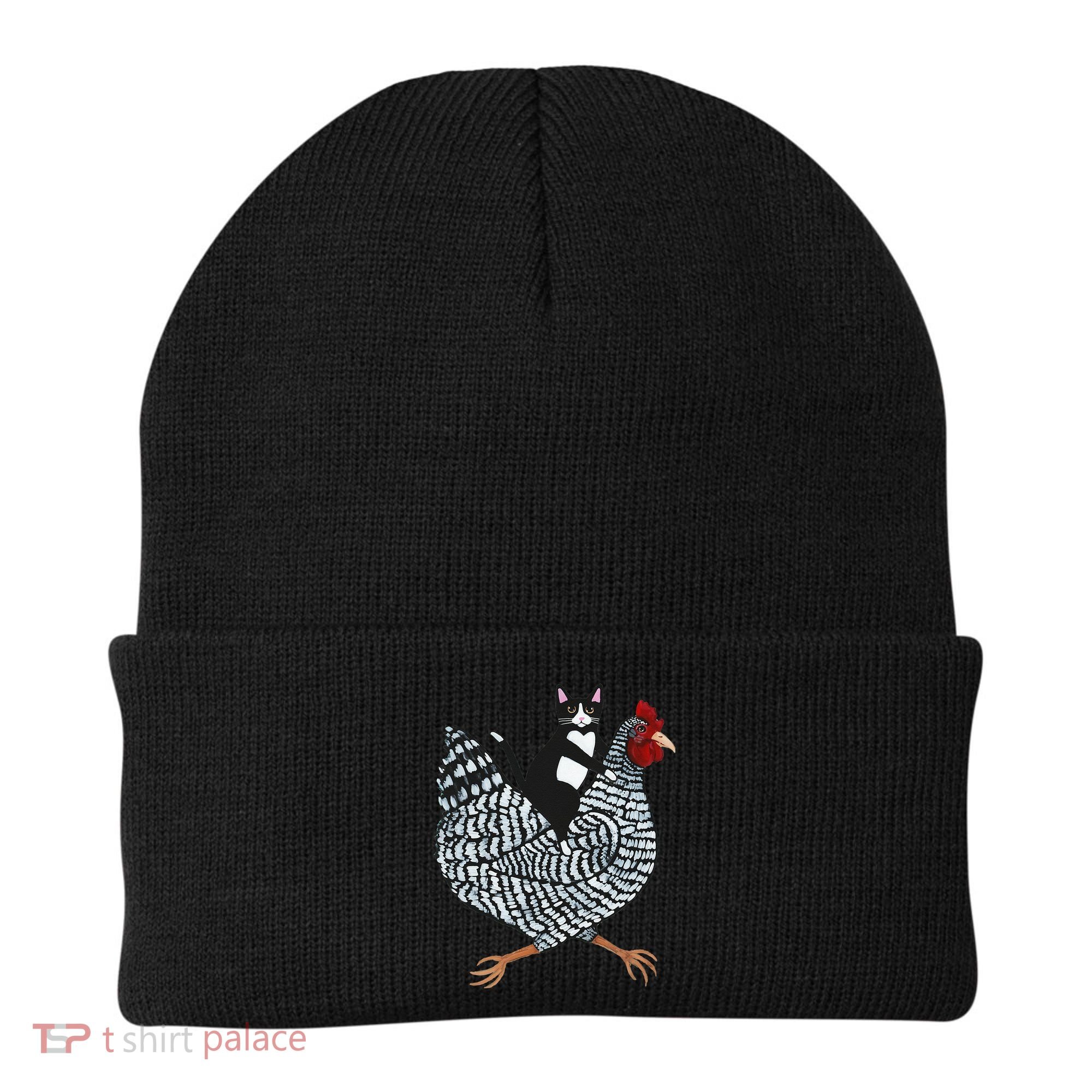 Cat Riding Funny Chicken Tuxedo Cat On A Chicken Lover Beanie
