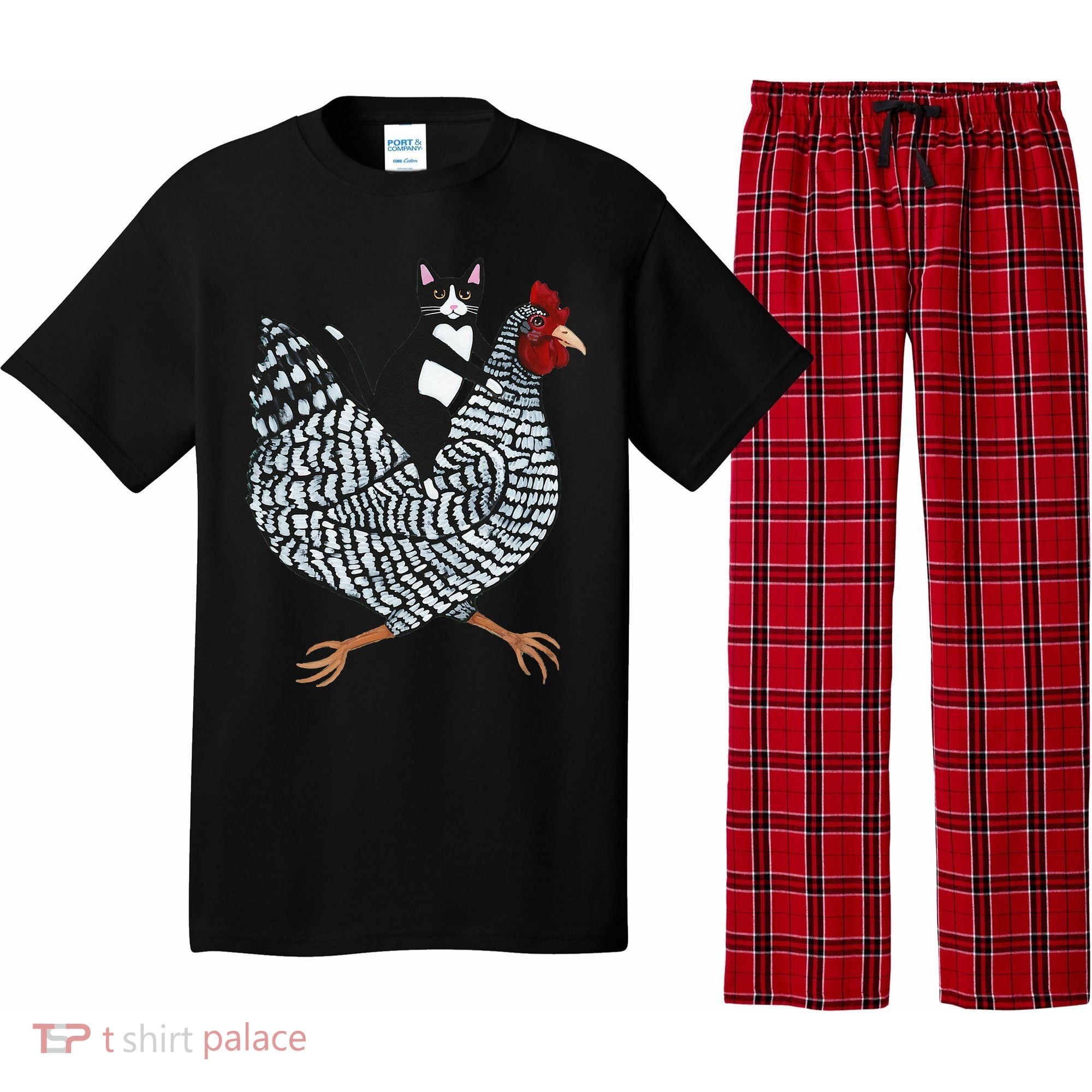 Cat Riding Funny Chicken Tuxedo Cat On A Chicken Lover Pajama Set