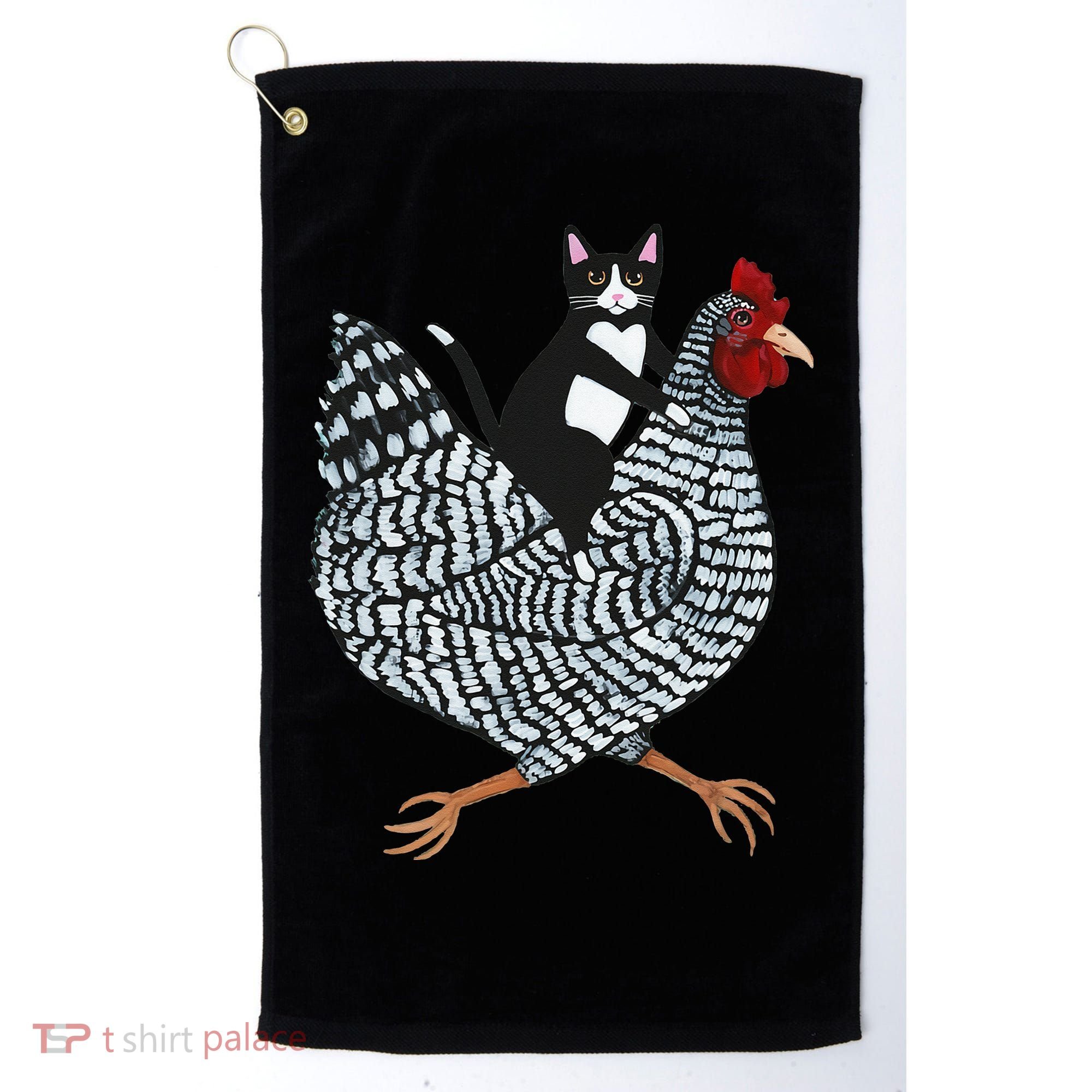 Cat Riding Funny Chicken Tuxedo Cat On A Chicken Lover Golf Towel