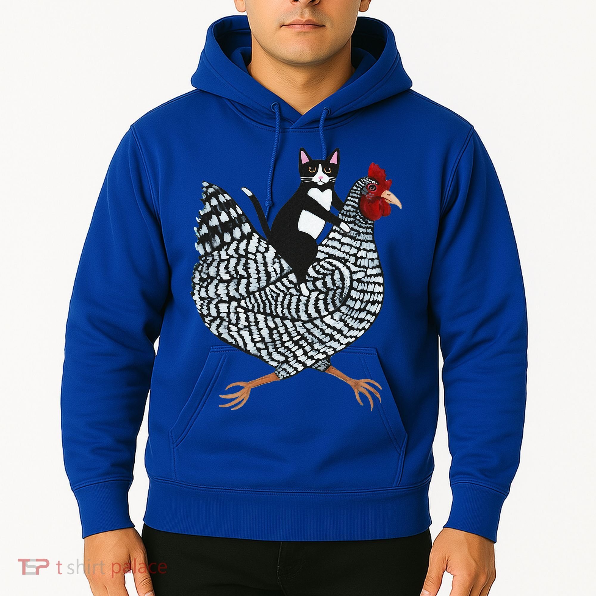 Cat Riding Funny Chicken Tuxedo Cat On A Chicken Lover Hoodie