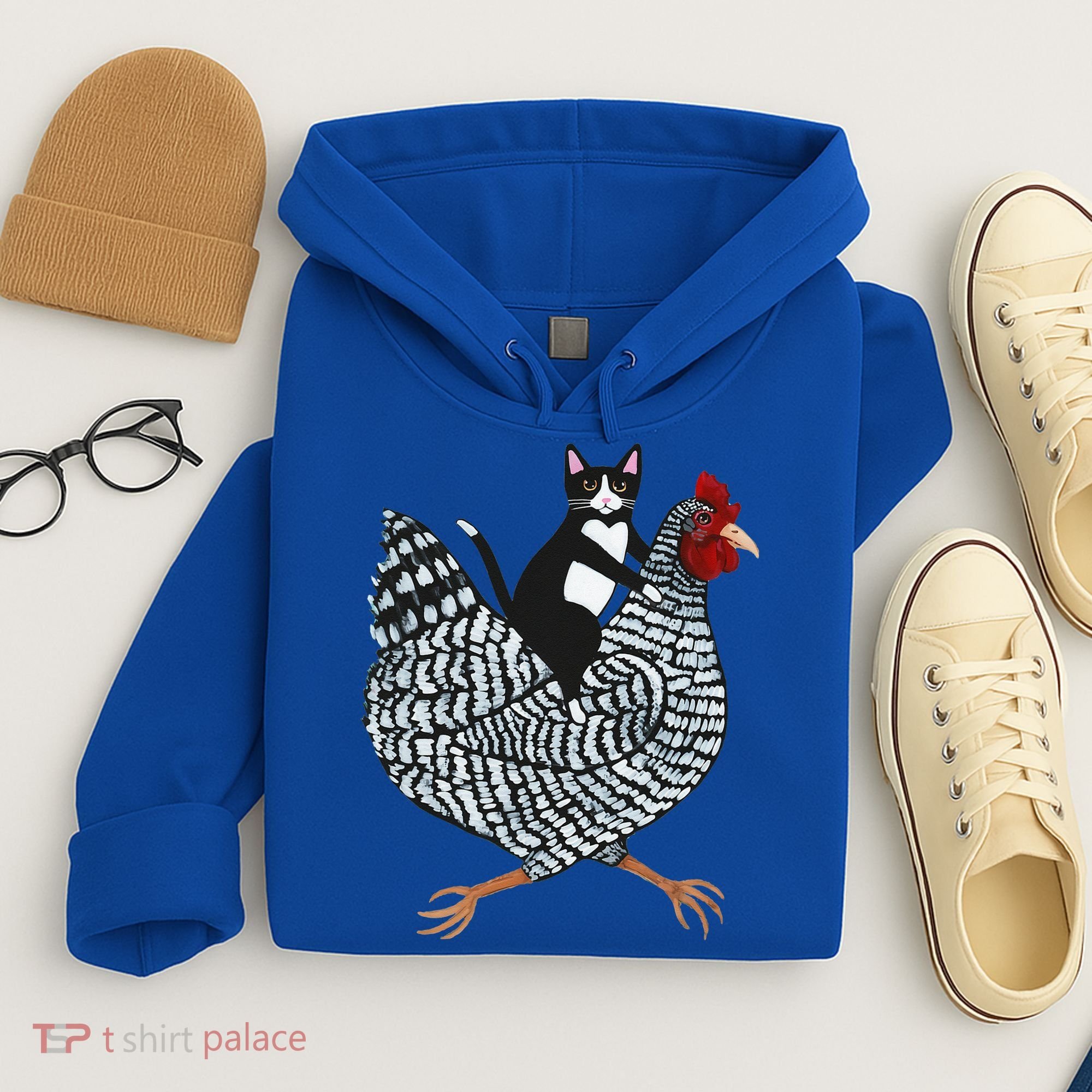 Cat Riding Funny Chicken Tuxedo Cat On A Chicken Lover Hoodie