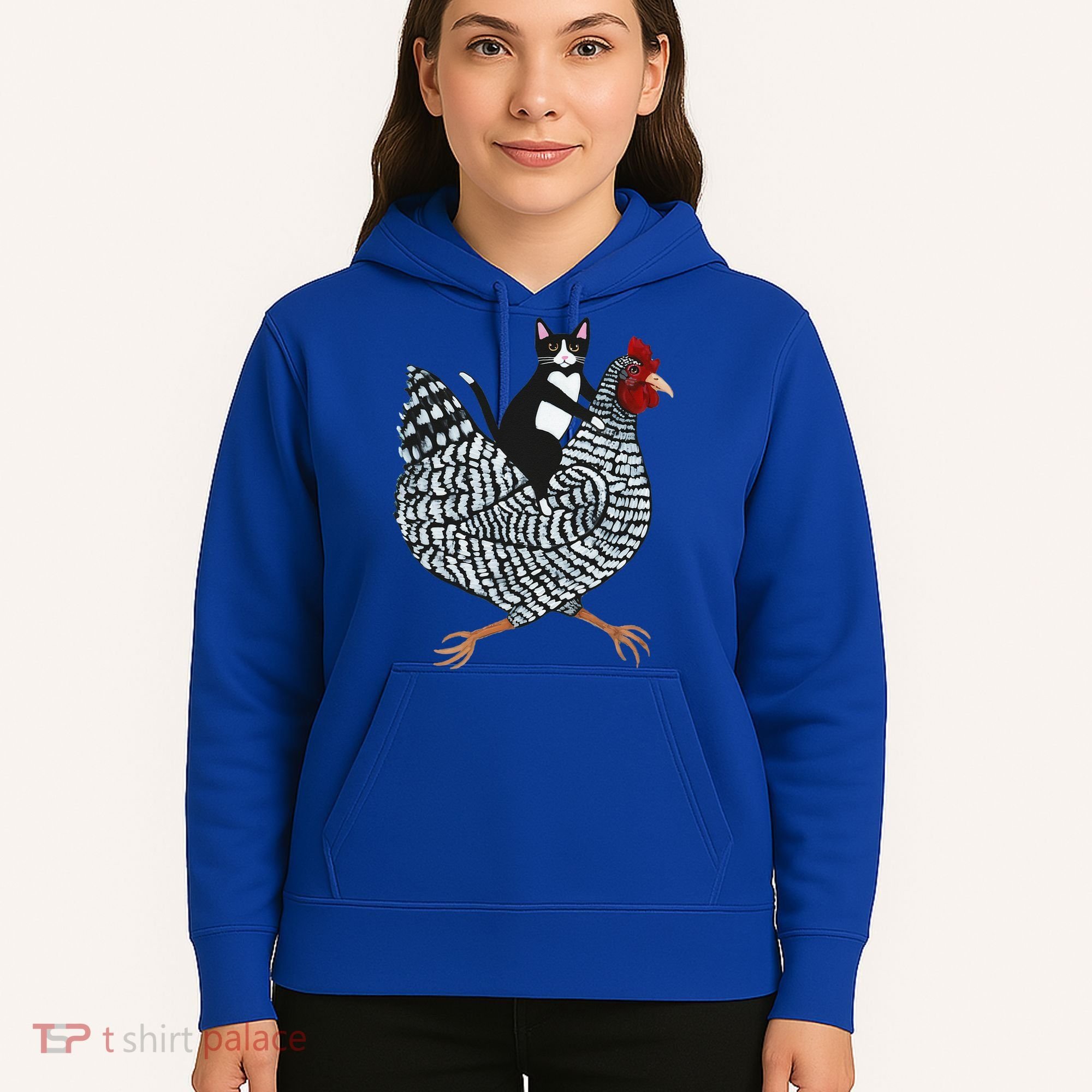 Cat Riding Funny Chicken Tuxedo Cat On A Chicken Lover Hoodie