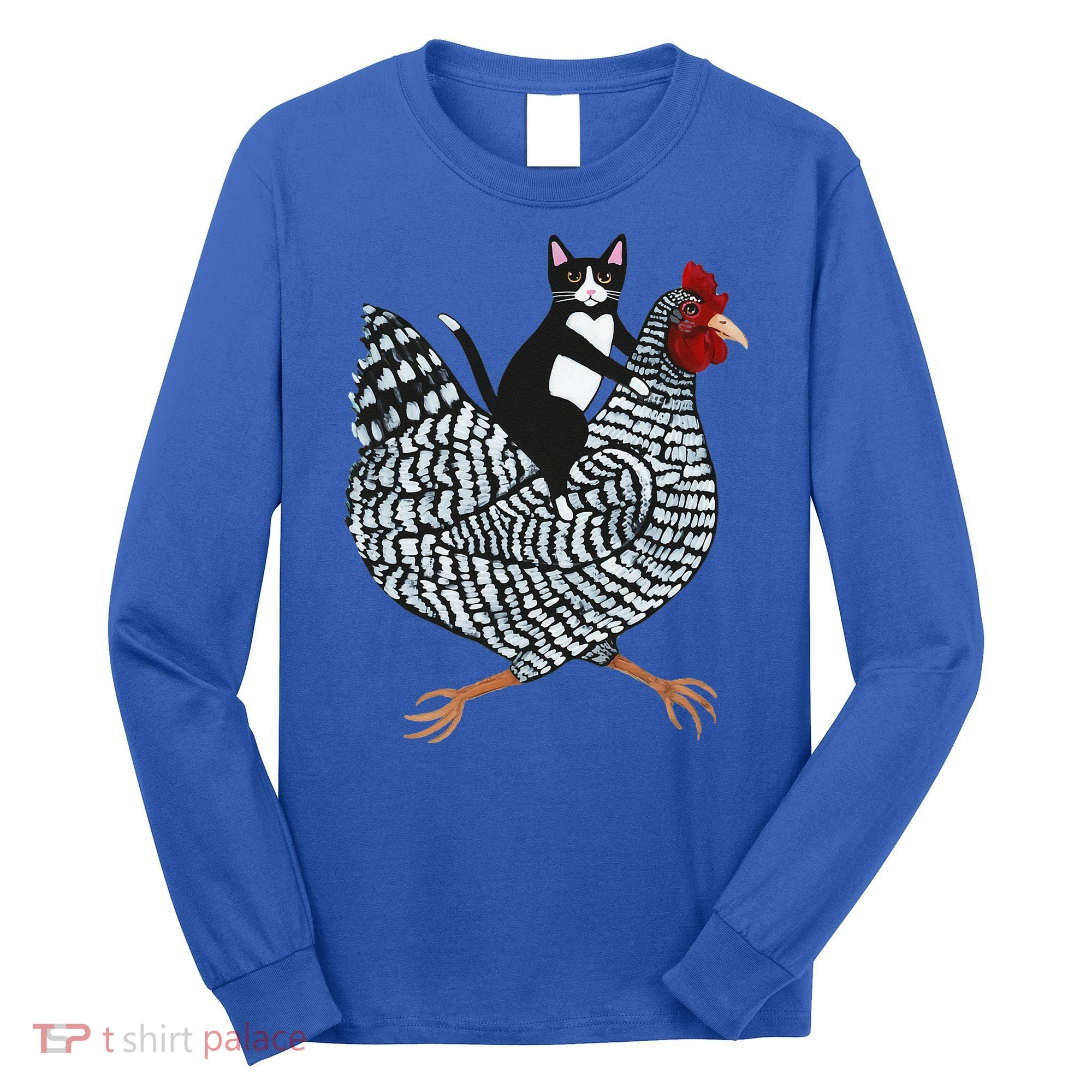 Cat Riding Funny Chicken Tuxedo Cat On A Chicken Lover Long Sleeve Shirt