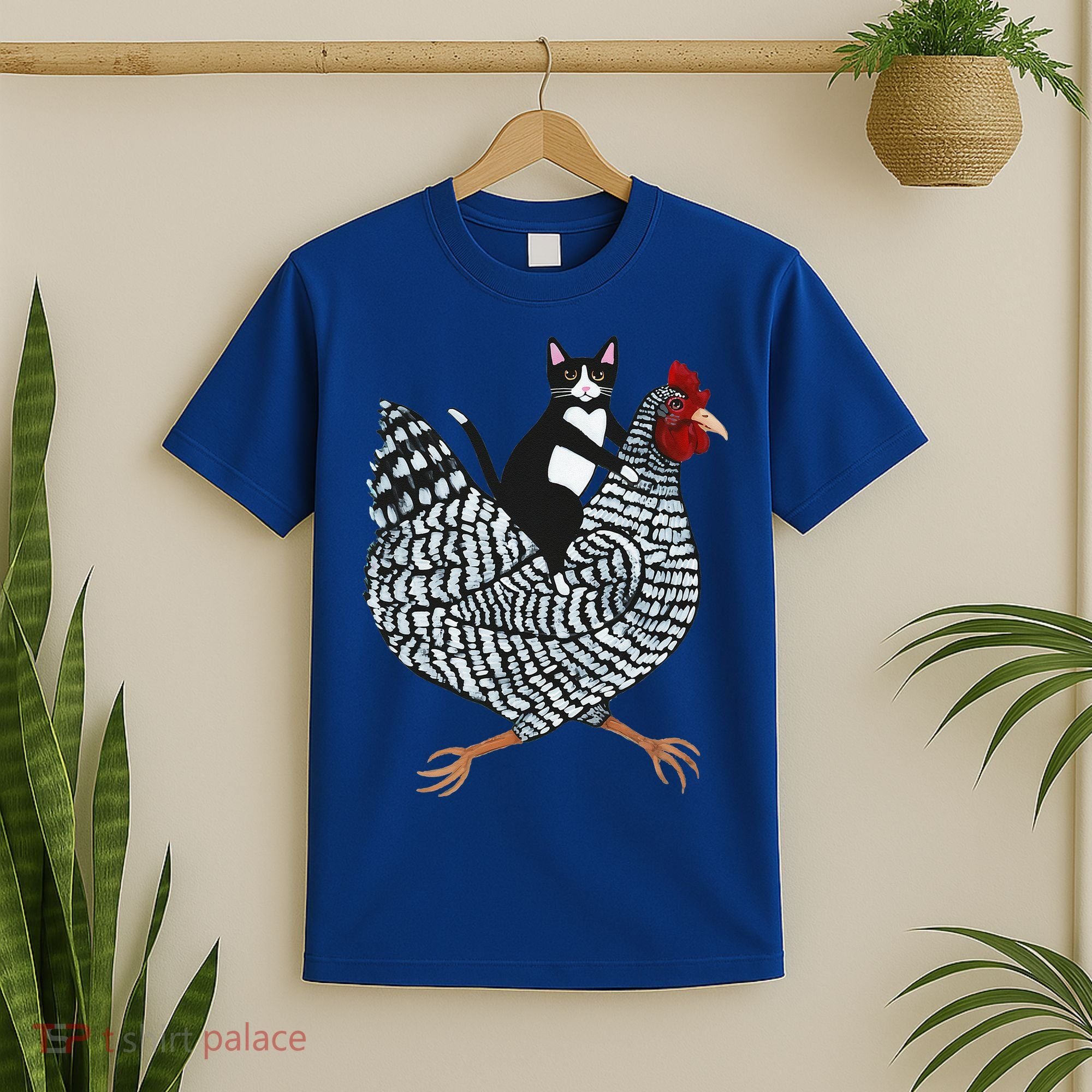 Cat Riding Funny Chicken Tuxedo Cat On A Chicken Lover T-Shirt