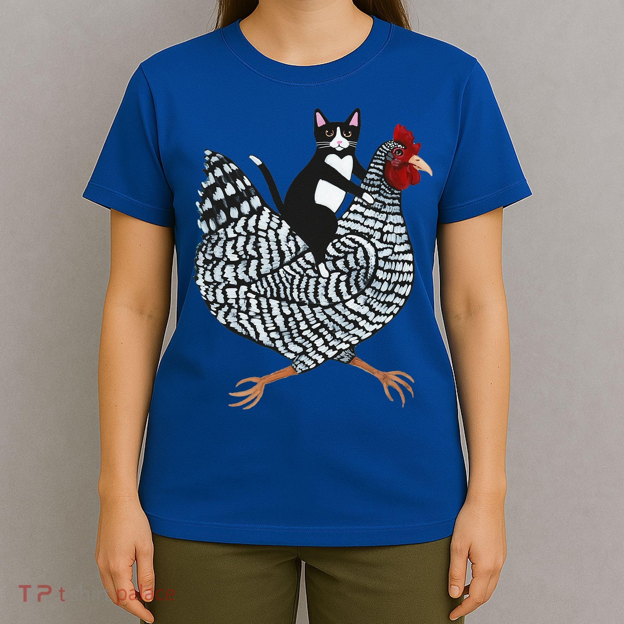 Cat Riding Funny Chicken Tuxedo Cat On A Chicken Lover T-Shirt