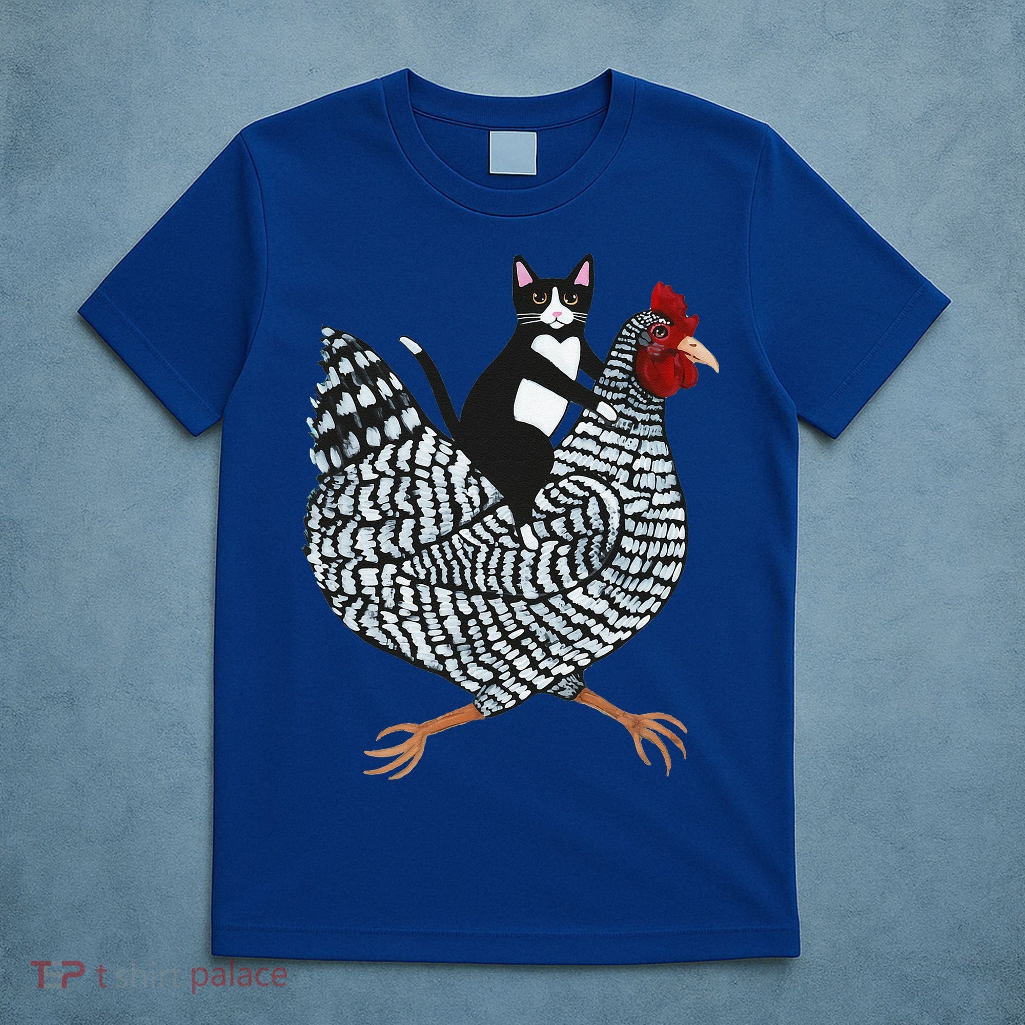 Cat Riding Funny Chicken Tuxedo Cat On A Chicken Lover T-Shirt