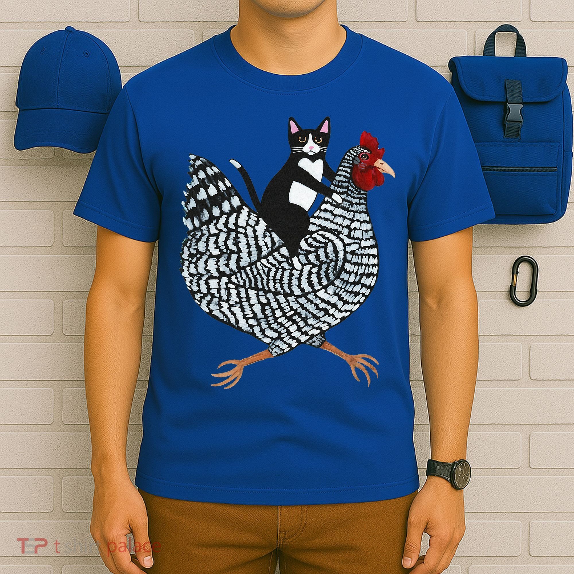 Cat Riding Funny Chicken Tuxedo Cat On A Chicken Lover T-Shirt