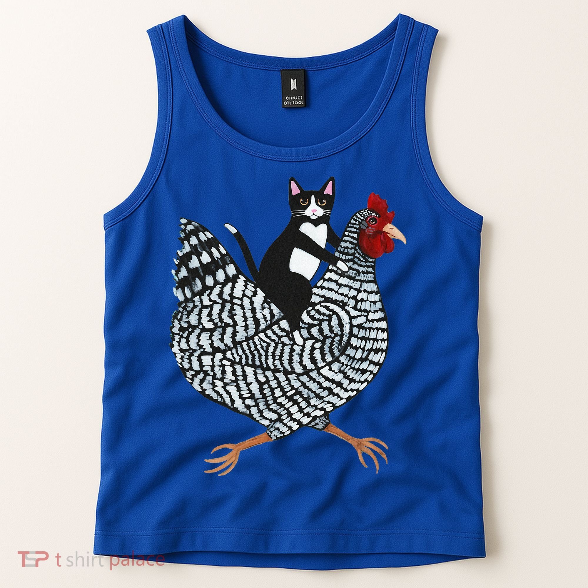 Cat Riding Funny Chicken Tuxedo Cat On A Chicken Lover Tank Top
