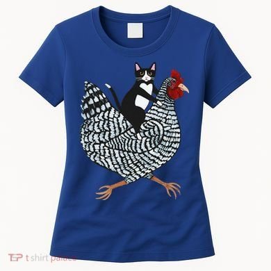 Cat Riding Funny Chicken Tuxedo Cat On A Chicken Lover Women's T-Shirt