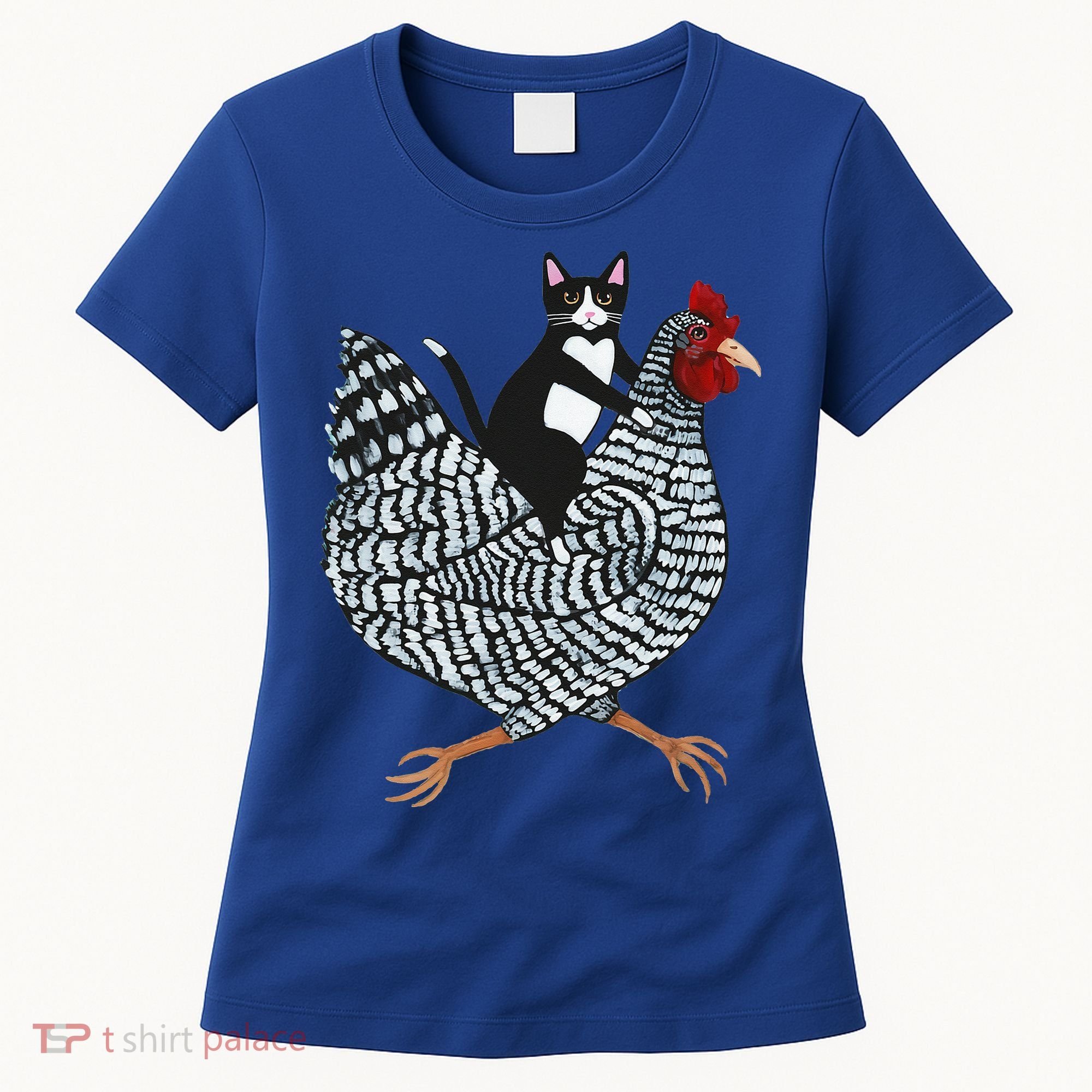 Cat Riding Funny Chicken Tuxedo Cat On A Chicken Lover Women's T-Shirt