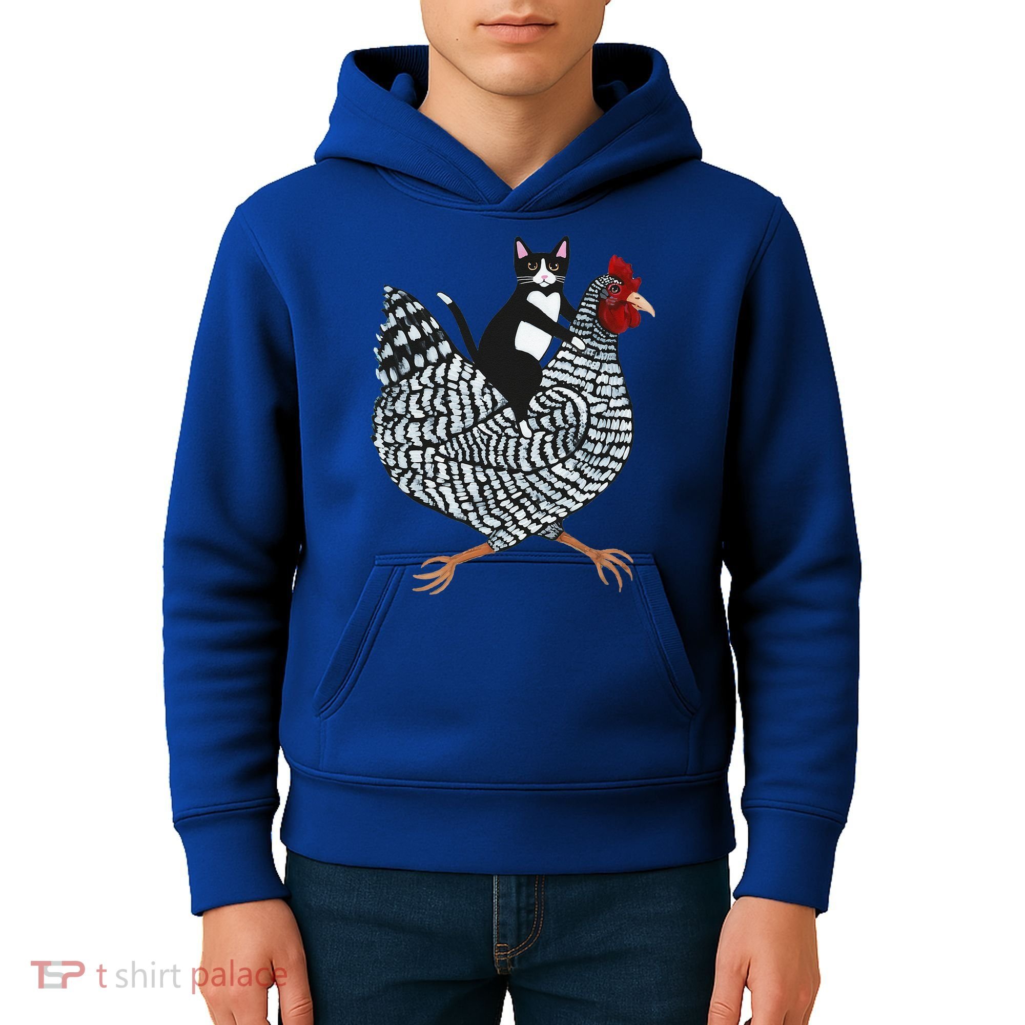 Cat Riding Funny Chicken Tuxedo Cat On A Chicken Lover Kids Hoodie