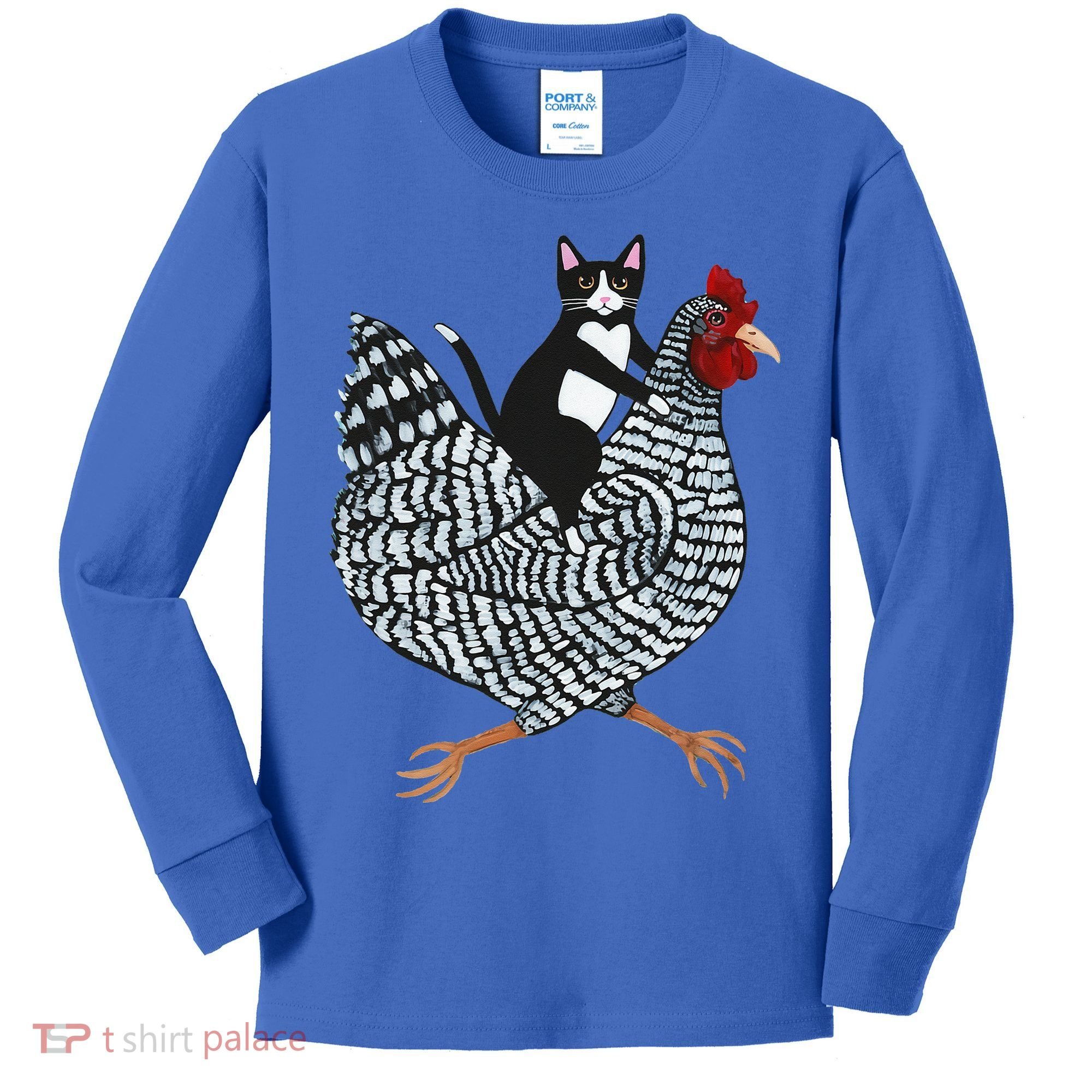 Cat Riding Funny Chicken Tuxedo Cat On A Chicken Lover Kids Long Sleeve Shirt