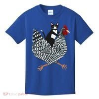 Cat Riding Funny Chicken Tuxedo Cat On A Chicken Lover Kids T-Shirt thumb 0