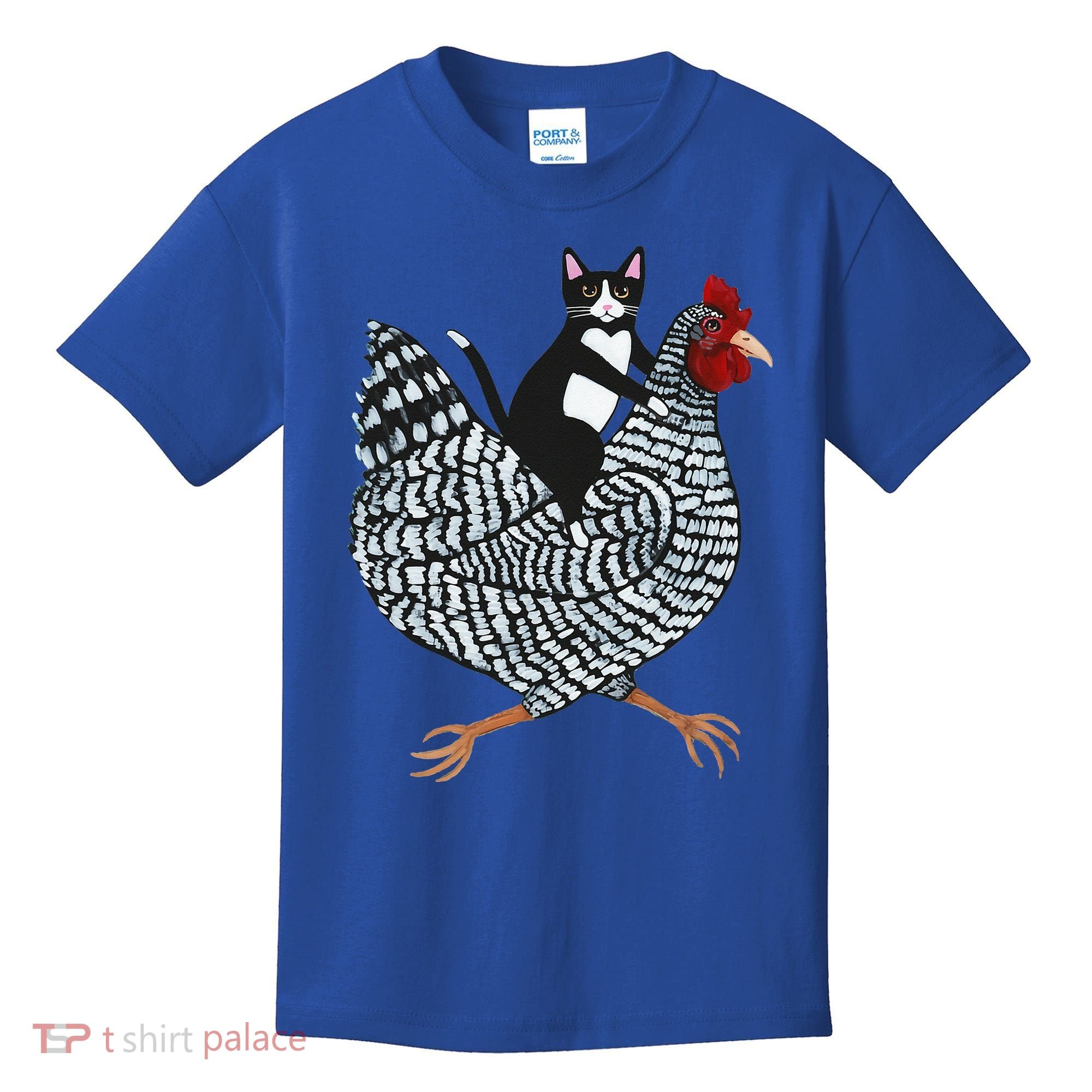 Cat Riding Funny Chicken Tuxedo Cat On A Chicken Lover Kids T-Shirt