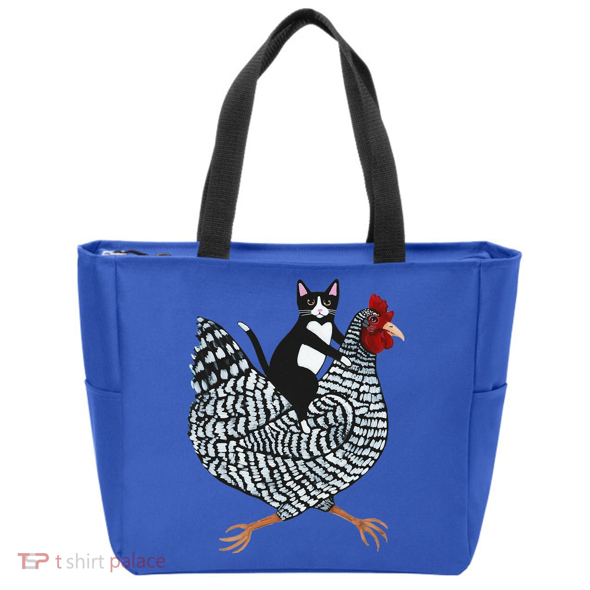 Cat Riding Funny Chicken Tuxedo Cat On A Chicken Lover Tote Bag