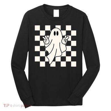 Cute Retro Ghost Peace Sign Halloween Long Sleeve Shirt