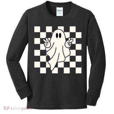 Cute Retro Ghost Peace Sign Halloween Kids Long Sleeve Shirt
