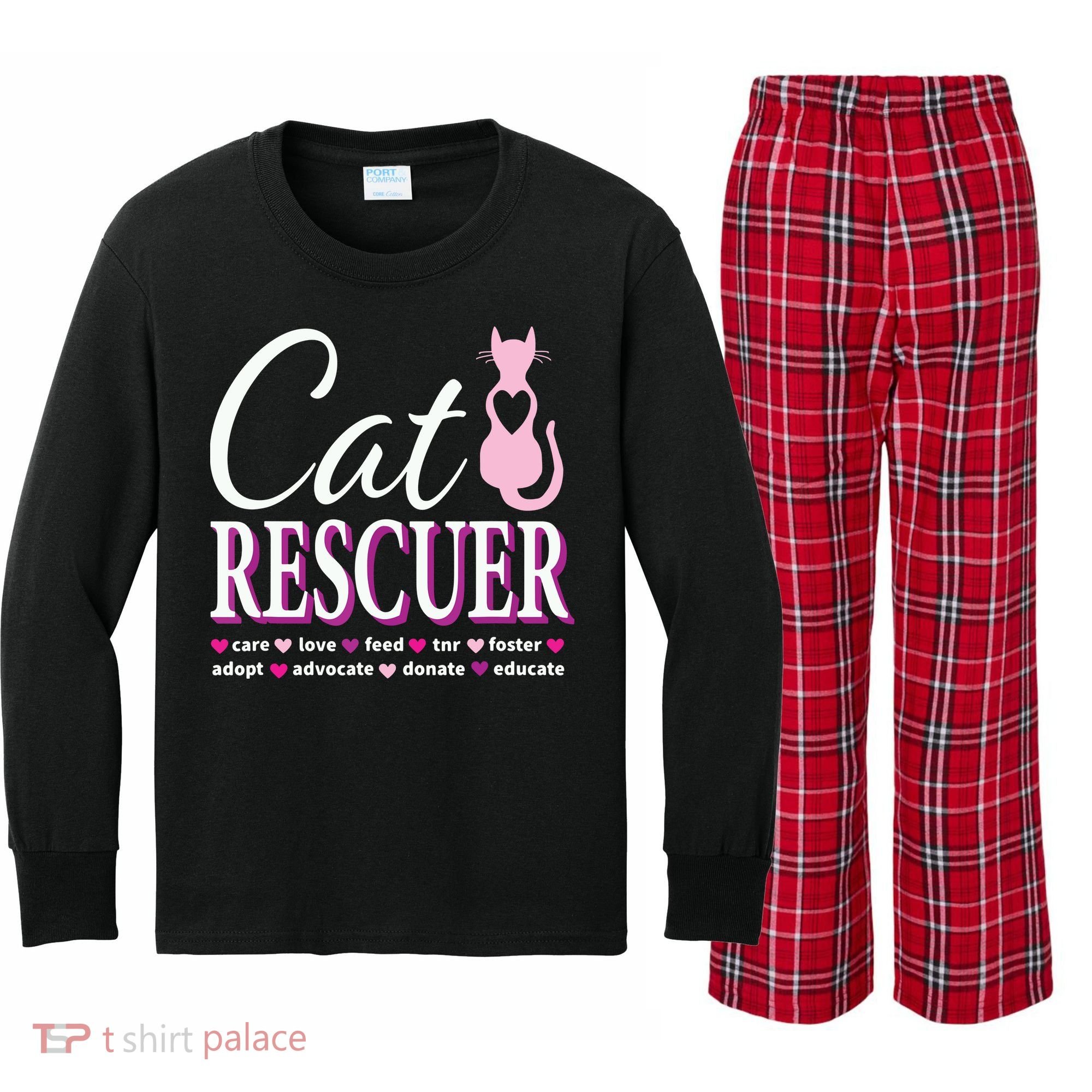 Cat Rescue Gift Feral Kittens Homeless Cats Shelter TNR Tee Kids Long Sleeve Plaid Pajama Set