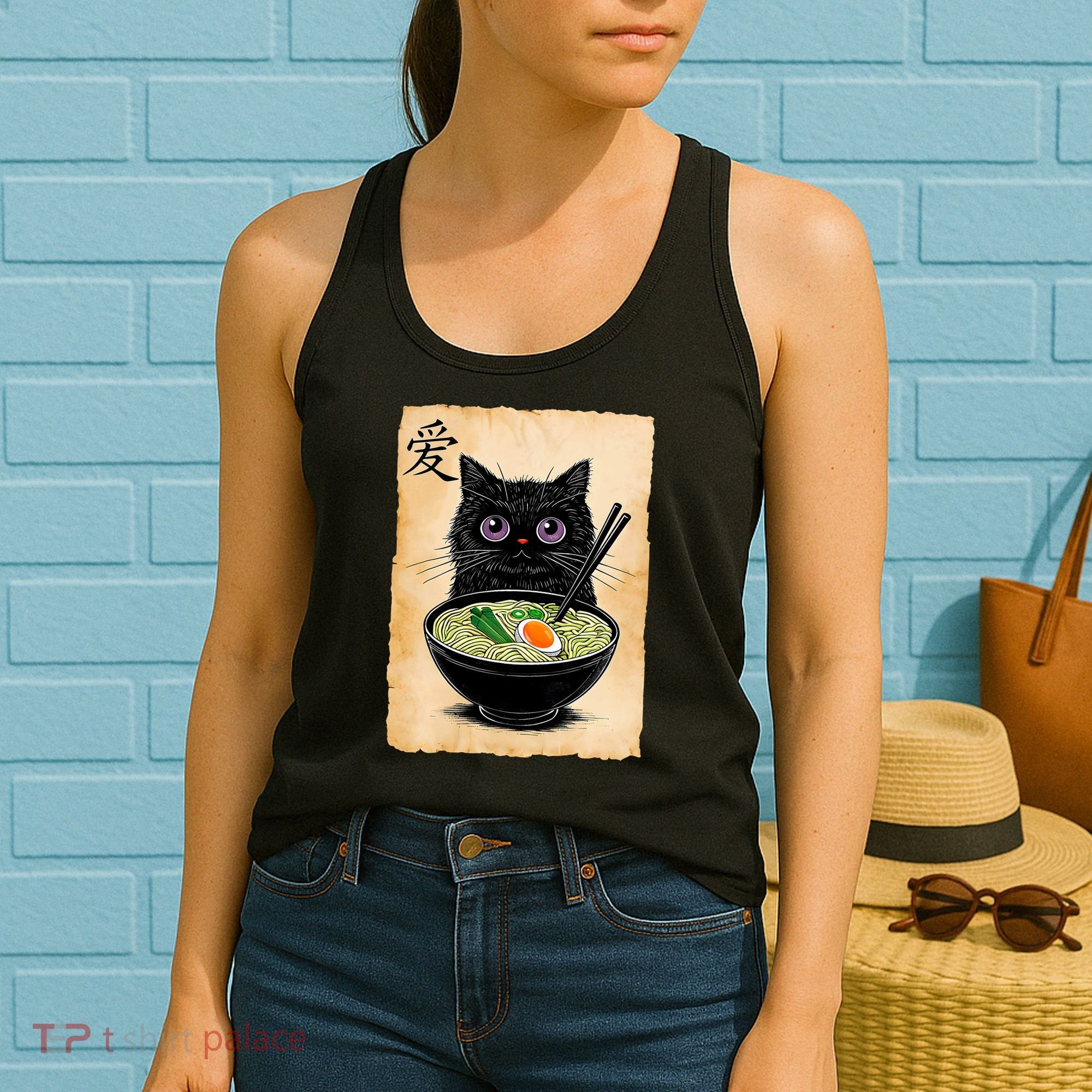 Cat Ramen Graphic Funny Japanese Kawaii Anime Cat  Women's Tank Top